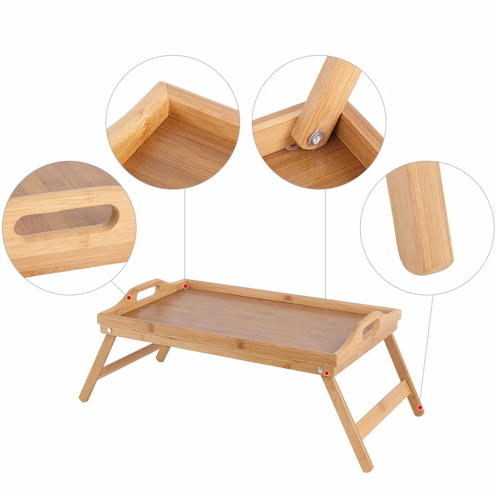 Taca na łóżko z drewna bambusowego, ze składanymi uchwytami i nogami, podwyższona krawędź, taca śniadaniowa Stolik śniadaniowy, 63 x 27,3 x 22,5 cm