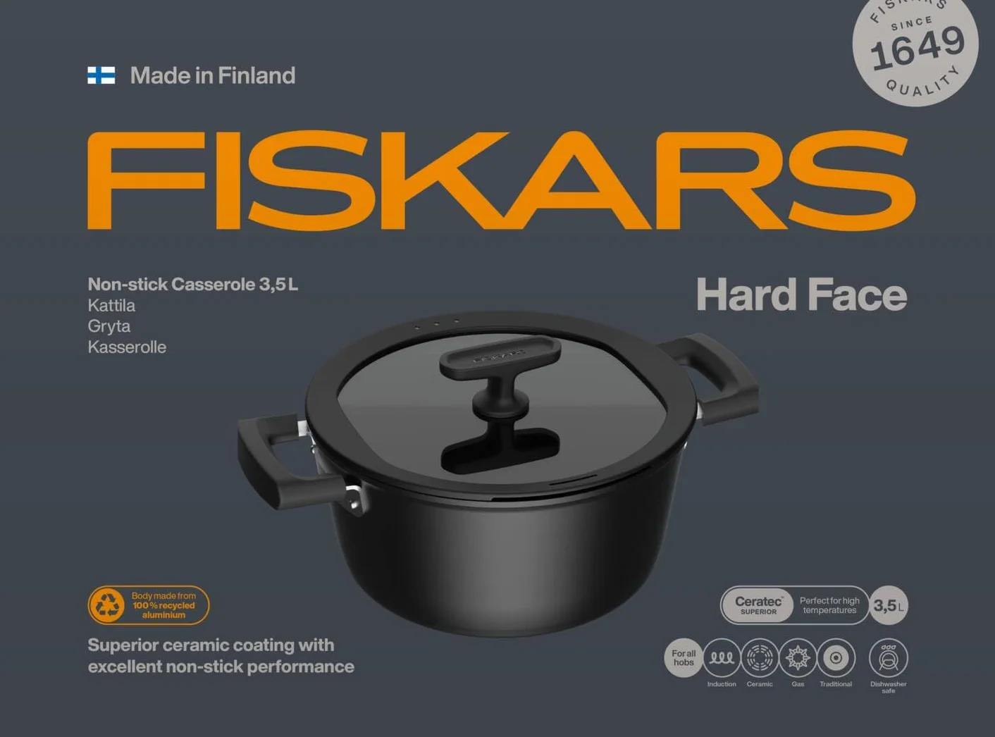 Fiskars Rondel z pokrywką, Hard Face, średnica 22 cm, pojemność: 3,5 litra, odpowiedni do wszystkich płyt grzewczych, powłoka nieprzywierająca, odporny na zarysowania, aluminium/plastik, 1075526
