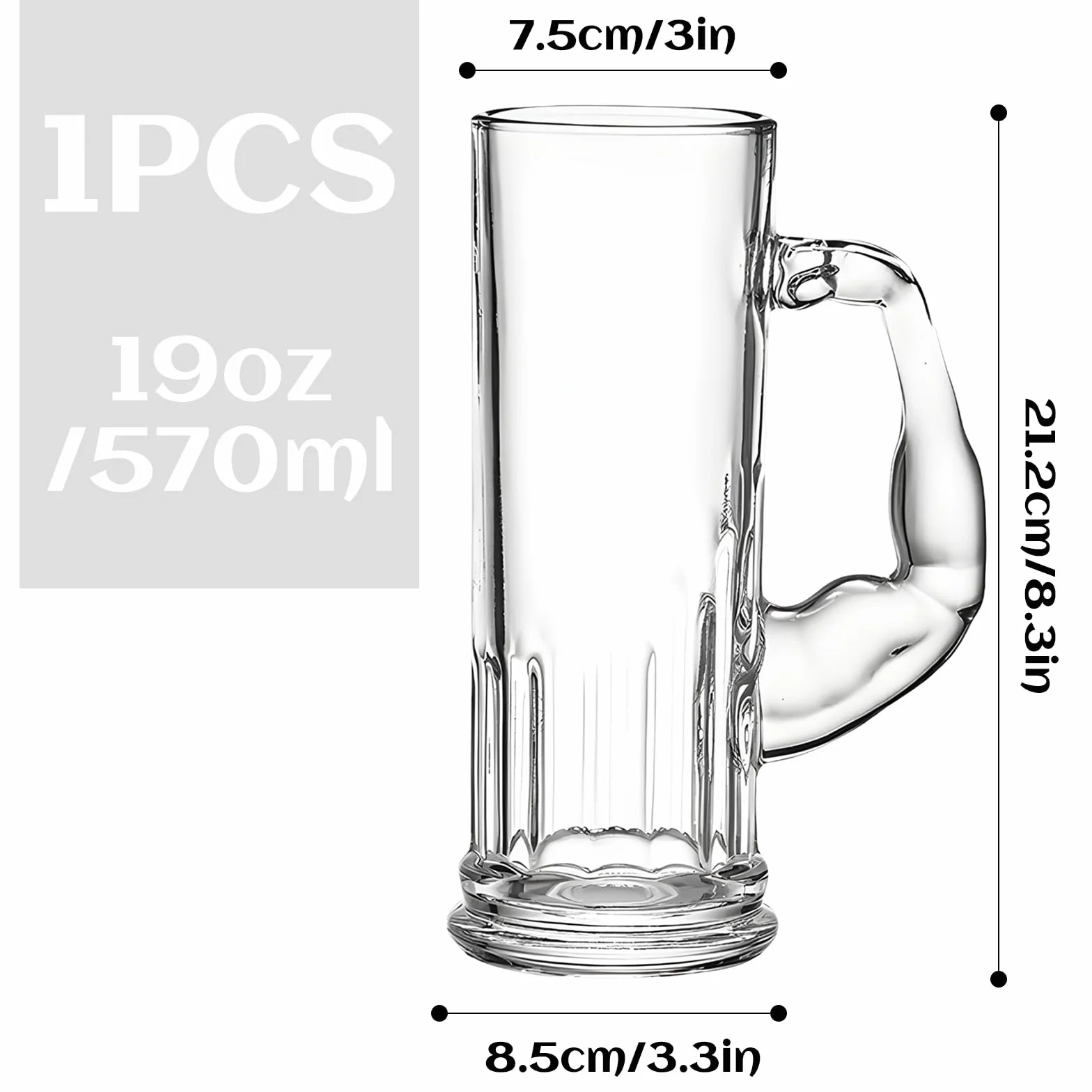 Szklany kufel do piwa z uchwytem na ramię mięśni, kufel do piwa z uchwytem, styl vintage, 570 ml