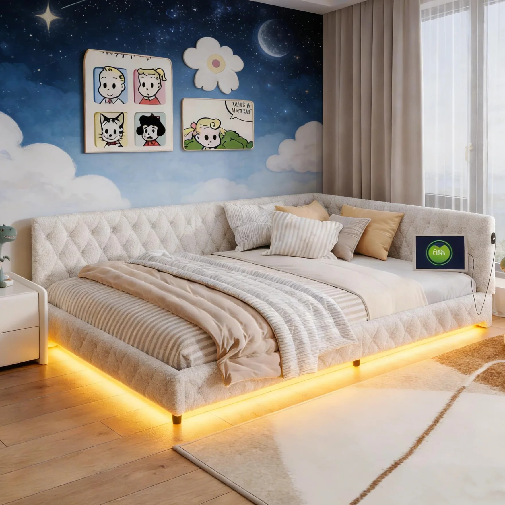 BRILVERDE Łóżko tapicerowane 140 x 200 cm, z diodami LED i USB, łóżko dziecięce, sofa ze stelażem, łóżko podwójne, dla dzieci i młodzieży, wełna jagnięca, bez materaca (białe, 140 x 200 cm)