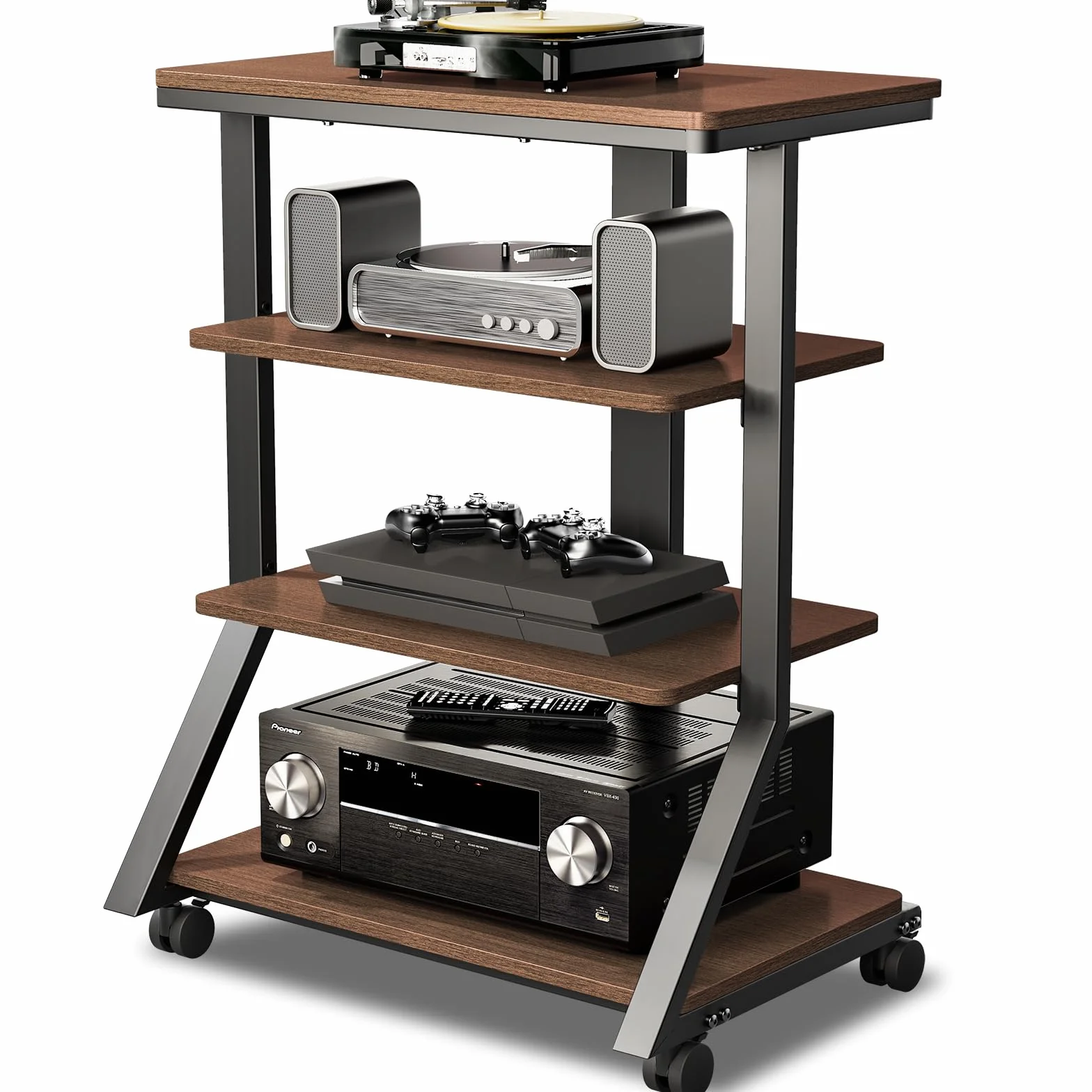 5Rcom Stojaki i stojaki HiFi stojak na audio, regał AV, stojak, 4 poziomy, drewniane półki na gramofon, odtwarzacz płyt DVD, jednostka rozrywkowa, wielofunkcyjna regulacja wysokości, nośność 54 kg