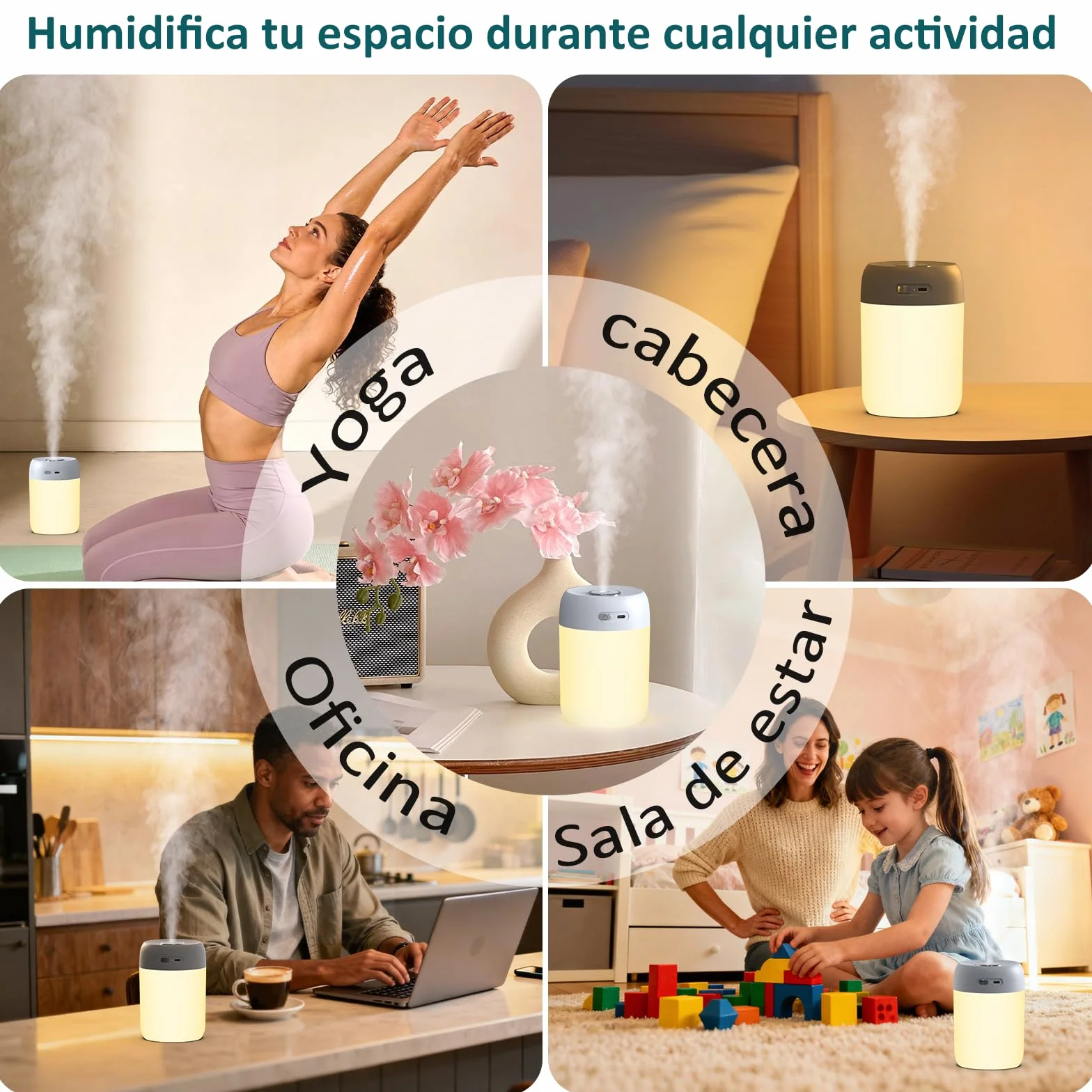 KISSLEAF Bezprzewodowa lampka nocna mini nawilżacz powietrza do sypialni 650 ml do sypialni, pokoju dziecięcego, roślin, długość 15 godzin 28 dB cichy (ciepłe światło szare)
