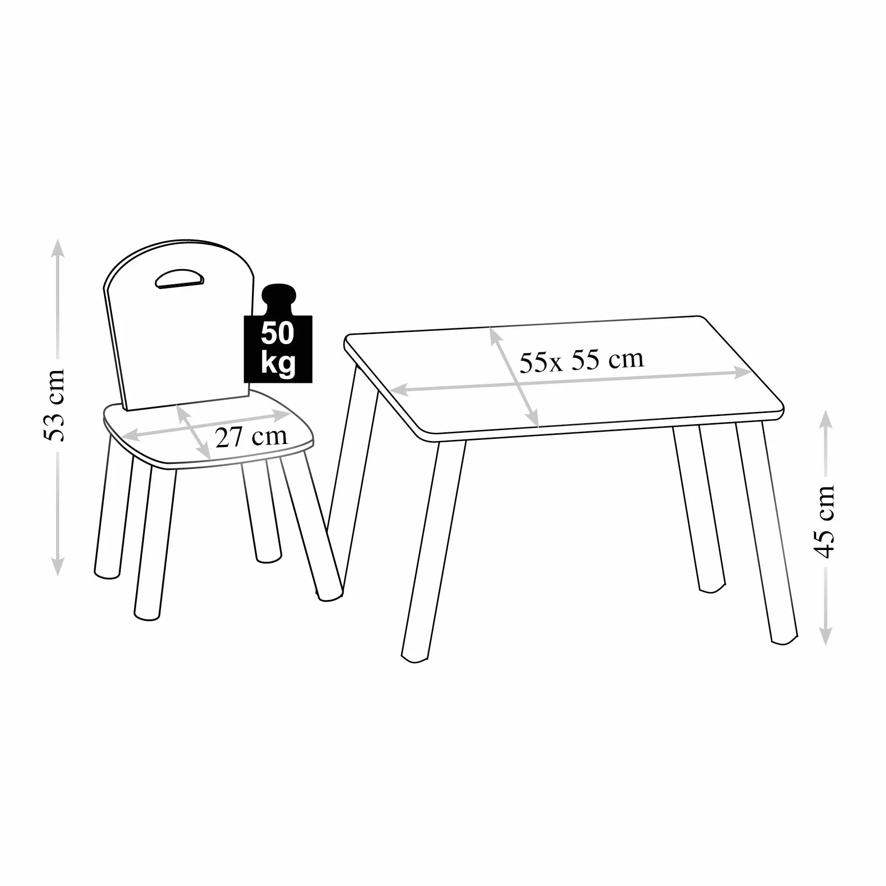 Kesper | stolik dziecięcy z 2 krzesłami, materiał: płyta pilśniowa, wymiary: 55 x 55 x 45 cm, motyw: alpaka, kolor: szary | 17702 13