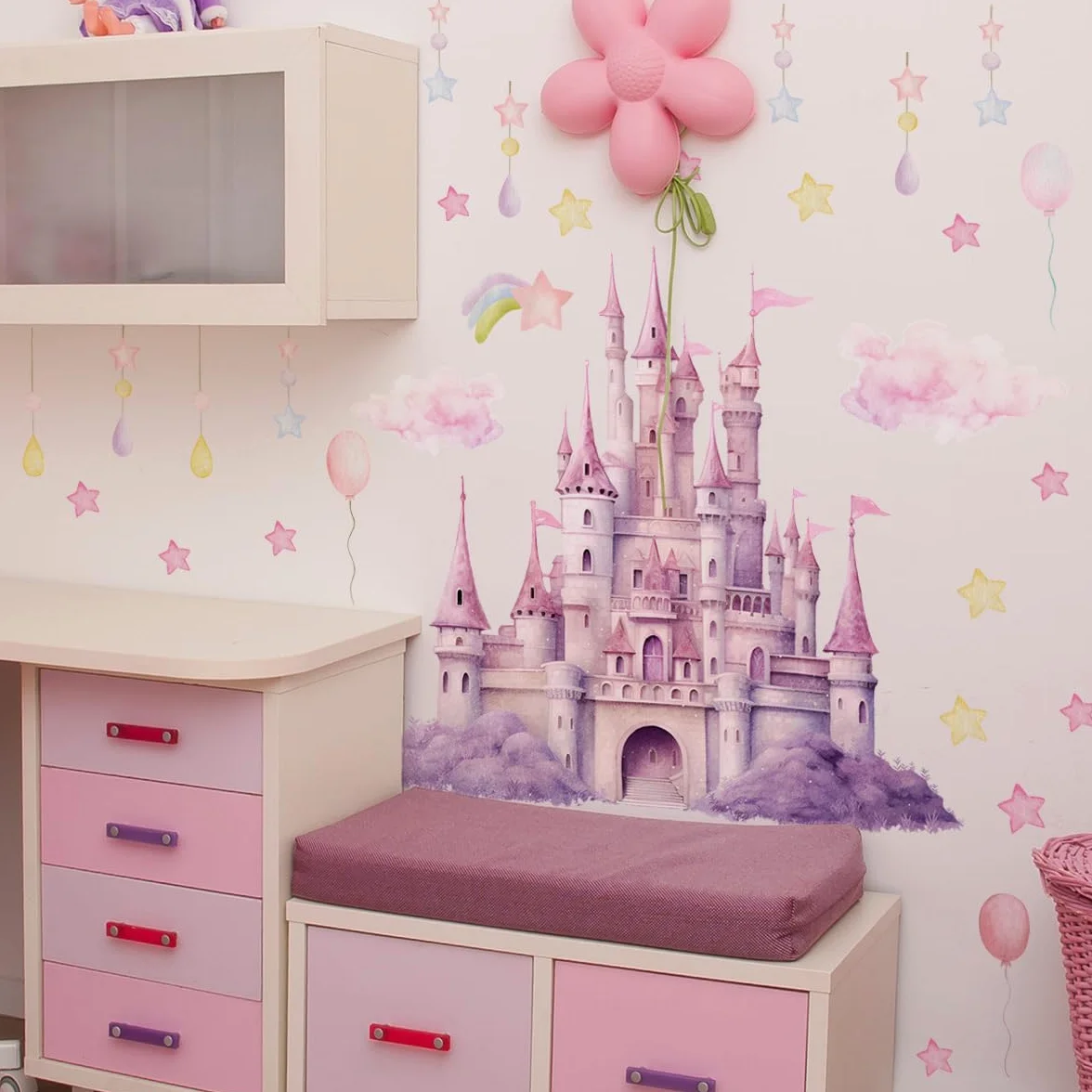 Runtoo Magiczny zamek księżniczki naklejki ścienne do pokoju dziewczęcego - odklej i naklej chmurę gwiazda naklejki ścienne - bajkowa dekoracja pokoju dziecięcego sypialni