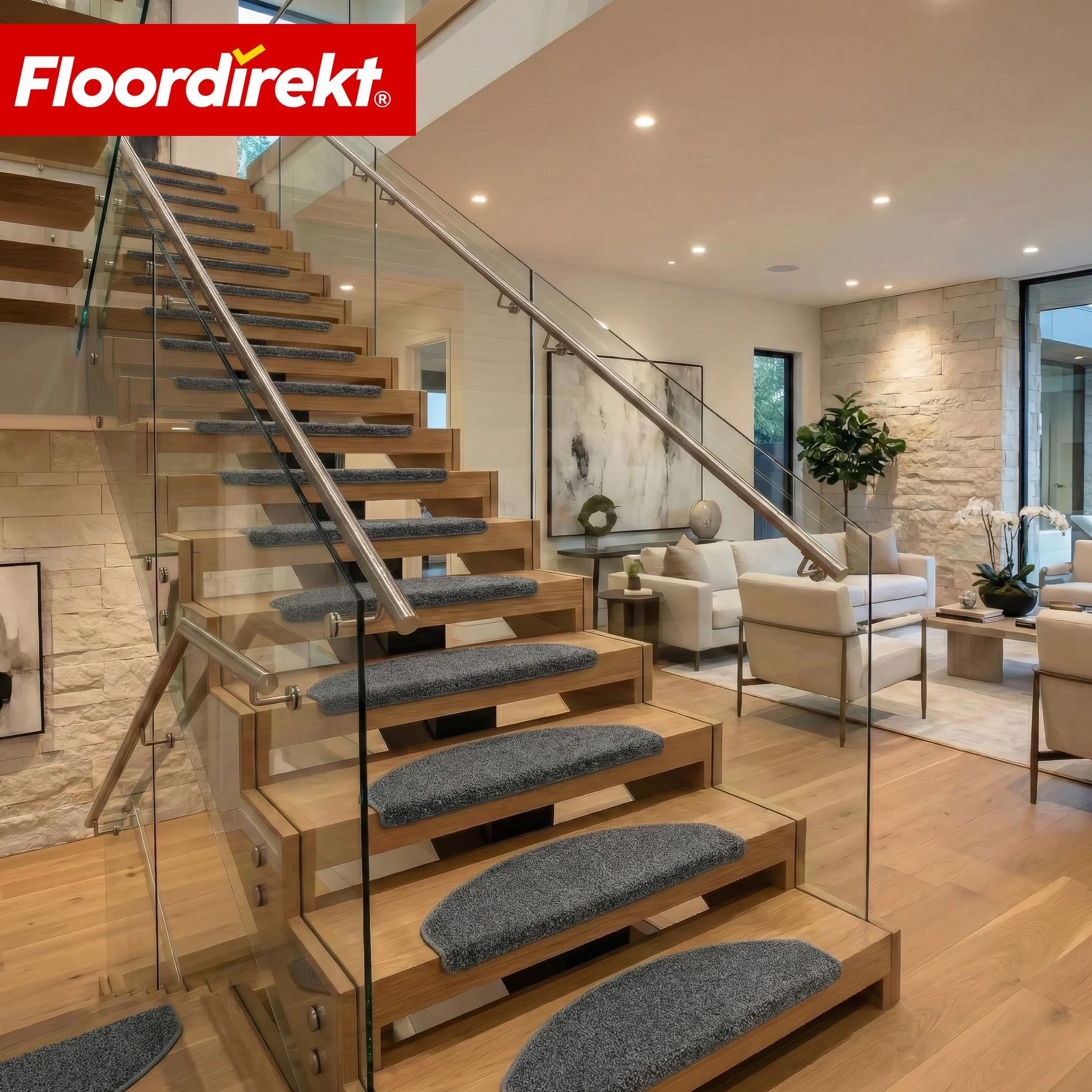 Floordirekt nakładki na schody półokrągłe Madrid – Miękkie dywaniki Shaggy do schodów wewnętrznych, tłumiące dźwięki i zapobiegające poślizgowi | Madrid | Szary | 23,5x65cm