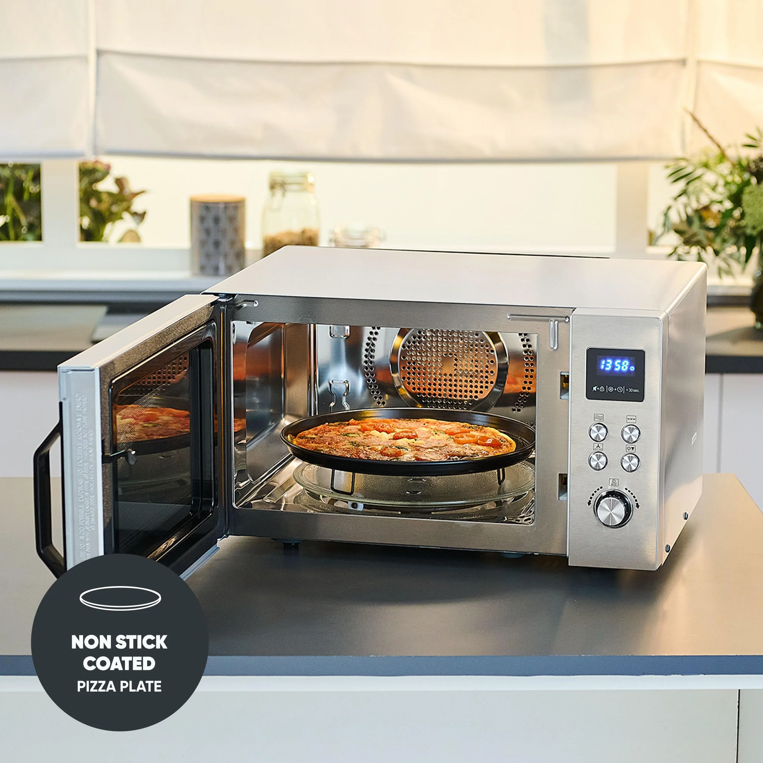 Kuchenka mikrofalowa SEVERIN 4 w 1 „Crispy Wave”, funkcja gorącego powietrza do 230°C, frytkownica na gorące powietrze, piekarnik i grill, maks. moc 2150 W, 25 l, srebrna/stal nierdzewna, MW 7982