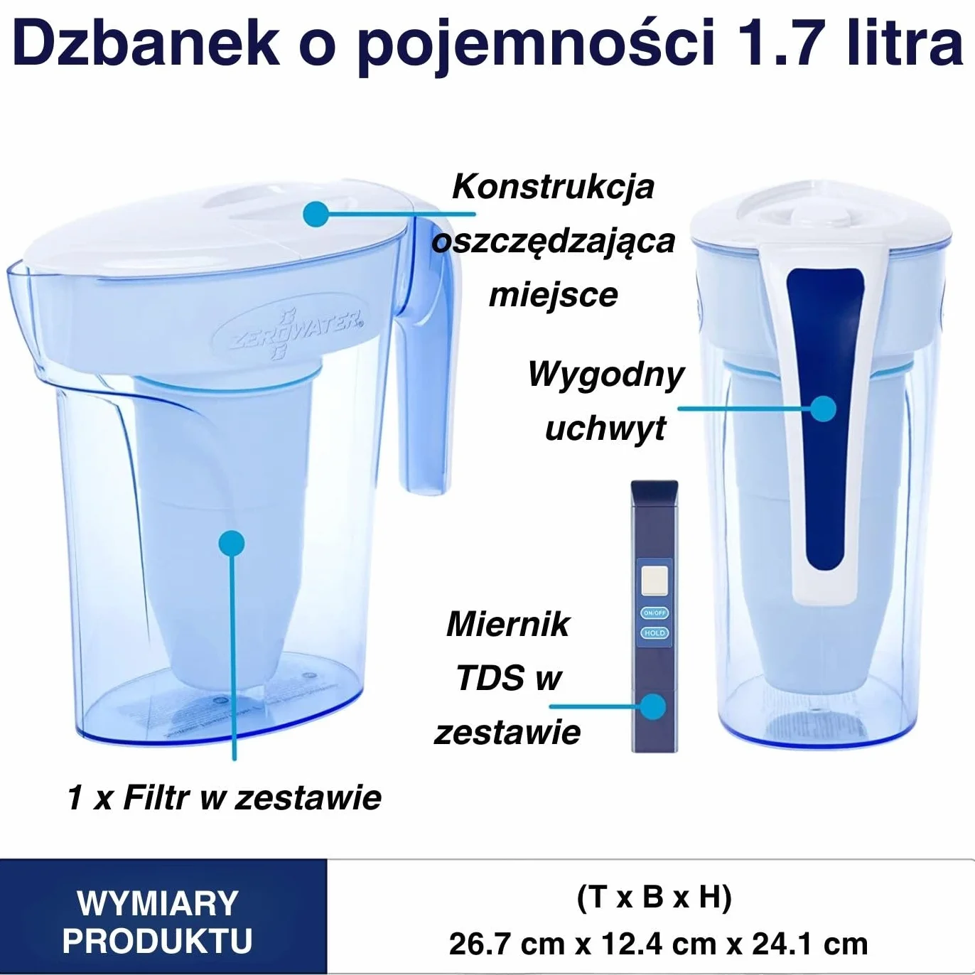 ZeroWater 5-stopniowy dzbanek filtrujący do wody 1,7 l, certyfikat IAPMO w celu zmniejszenia PFOA/PFOS, fluoru, ołowiu i innych metali ciężkich - 0 TDS, bez BPA, miernik TDS w zestawie