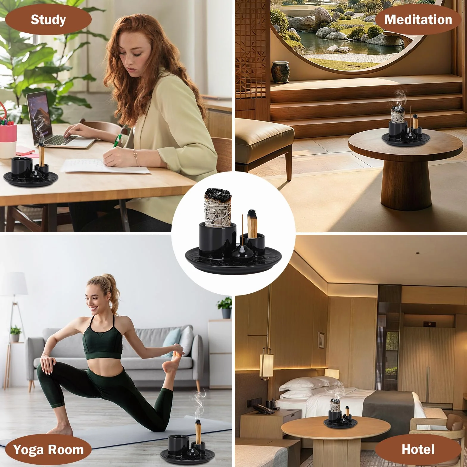 Uchwyt na kadzidełka ceramiczny czarny 4 w 1 miska do wędzenia Palo Santo uchwyt | Z uchwytem na kadzidełka, ceramiczne naczynie kadzidłowe, szałwia, kadzidełka, kadzidełka, joga, medytacja