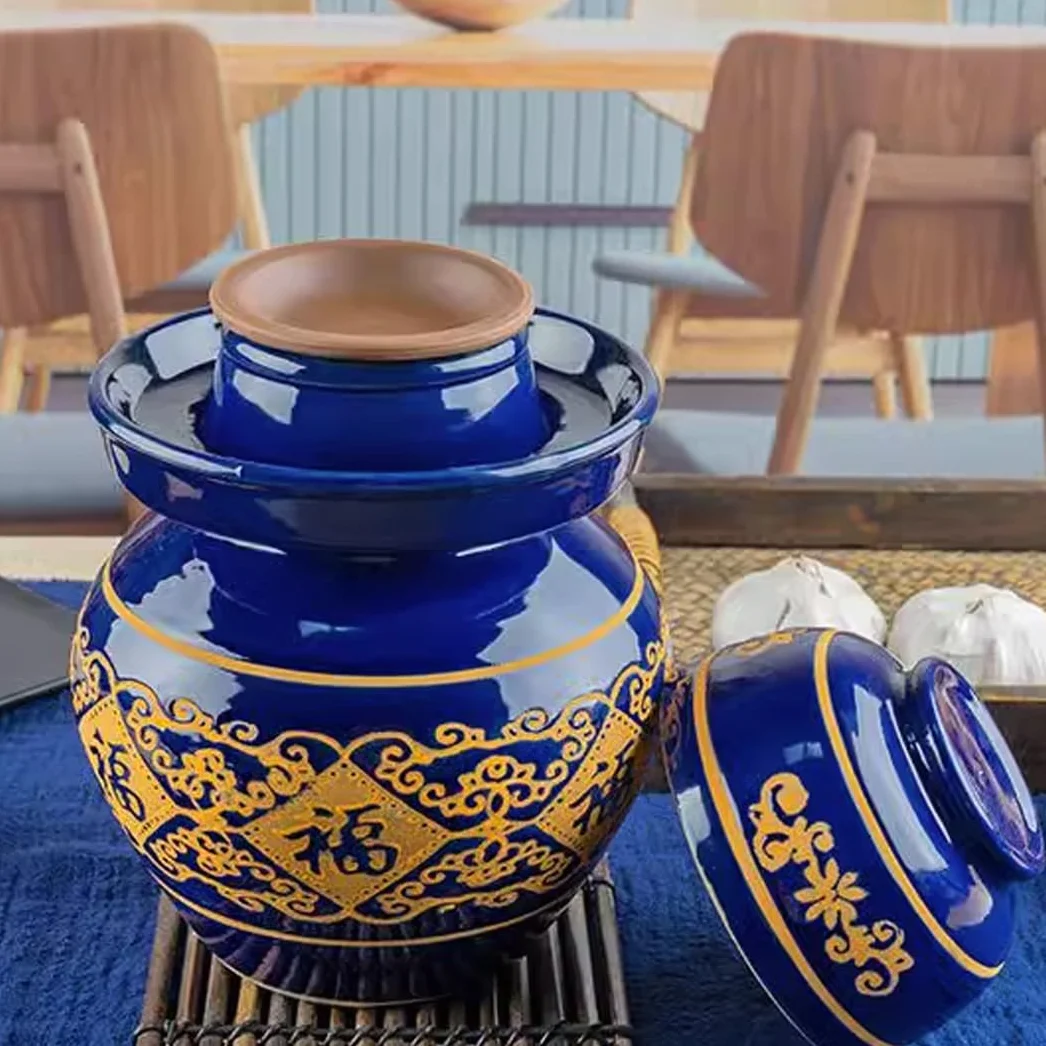 Duży ceramiczny słoik na marynaty z pokrywkami, niebieski tradycyjny porcelanowy słoik do marynowania, ceramiczny garnek fermentacyjny z uszczelką wodną pokrywką śluzy powietrznej, garnek z