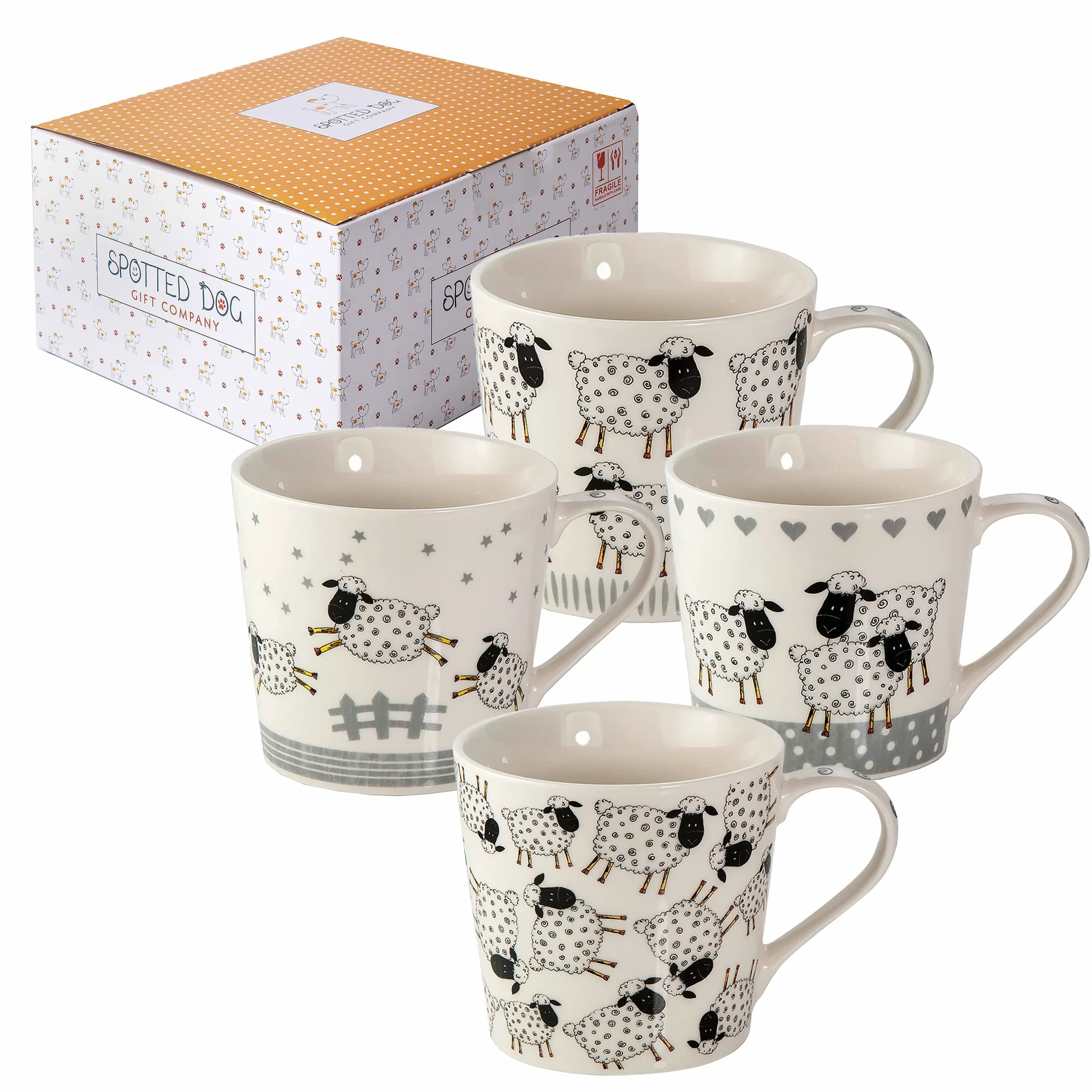 SPOTTED DOG GIFT COMPANY Kubki do kawy, zestaw 4 filiżanek śniadaniowych, kubki owcze, ceramiczny kubek do herbaty i kawy, prezent dla miłośnika owiec, 380 ml/13oz