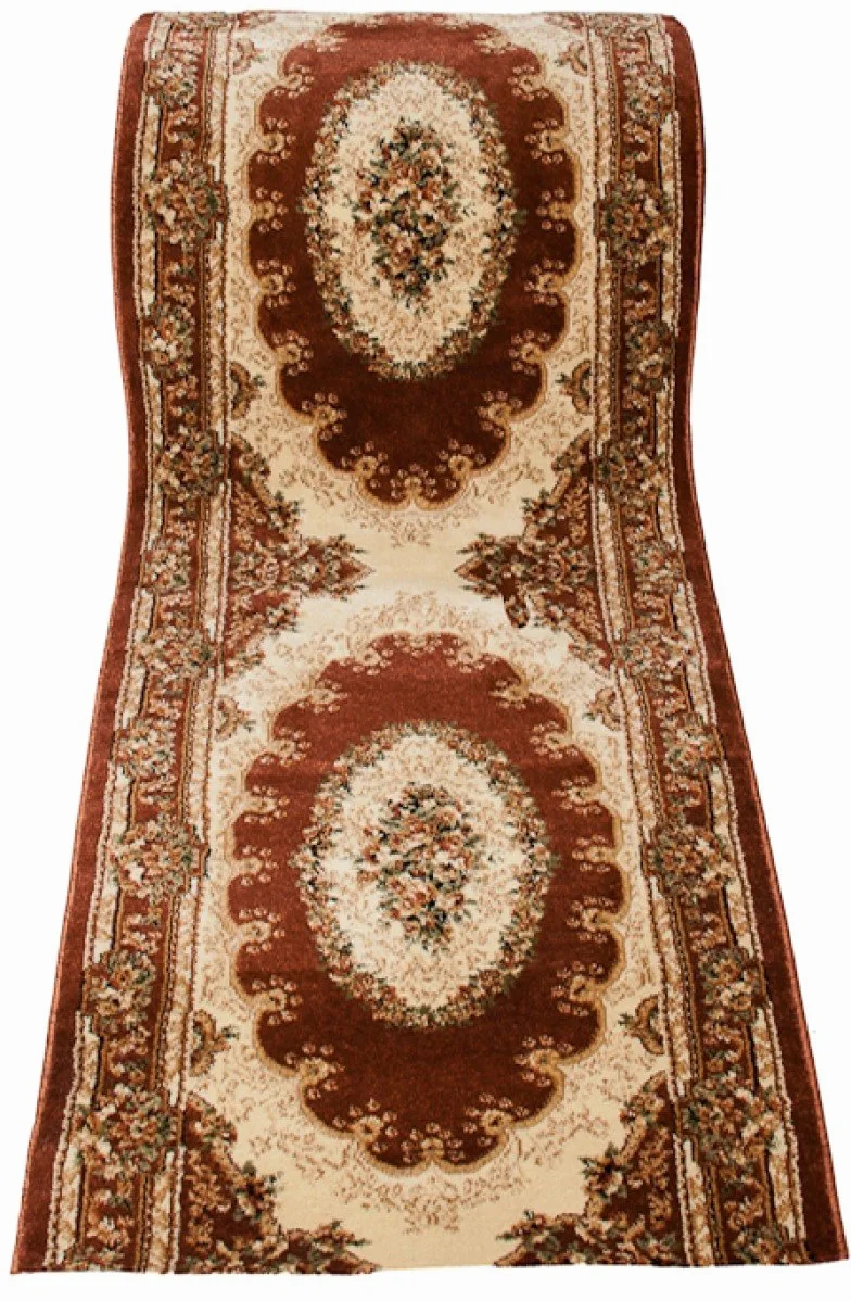 TAPISO Yesemek dywan bieżnik na korytarz, krótkie runo, klasyczny medalion kwiatowy, tradycyjny wzór ornamentowy, brązowy, kremowy, do korytarza, Ökotex 90 x 1400 cm
