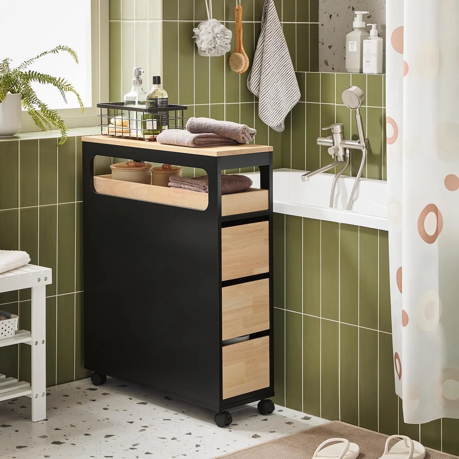 SoBuy Szafka łazienkowa na kółkach, wąska szafka łazienkowa z 3 szufladami – kompaktowa komoda z drewna, ruchoma szafka wnękowa do małych łazienek, WC i kuchni, czarna, 65 x 24 x 82 cm, BZR54-SCH