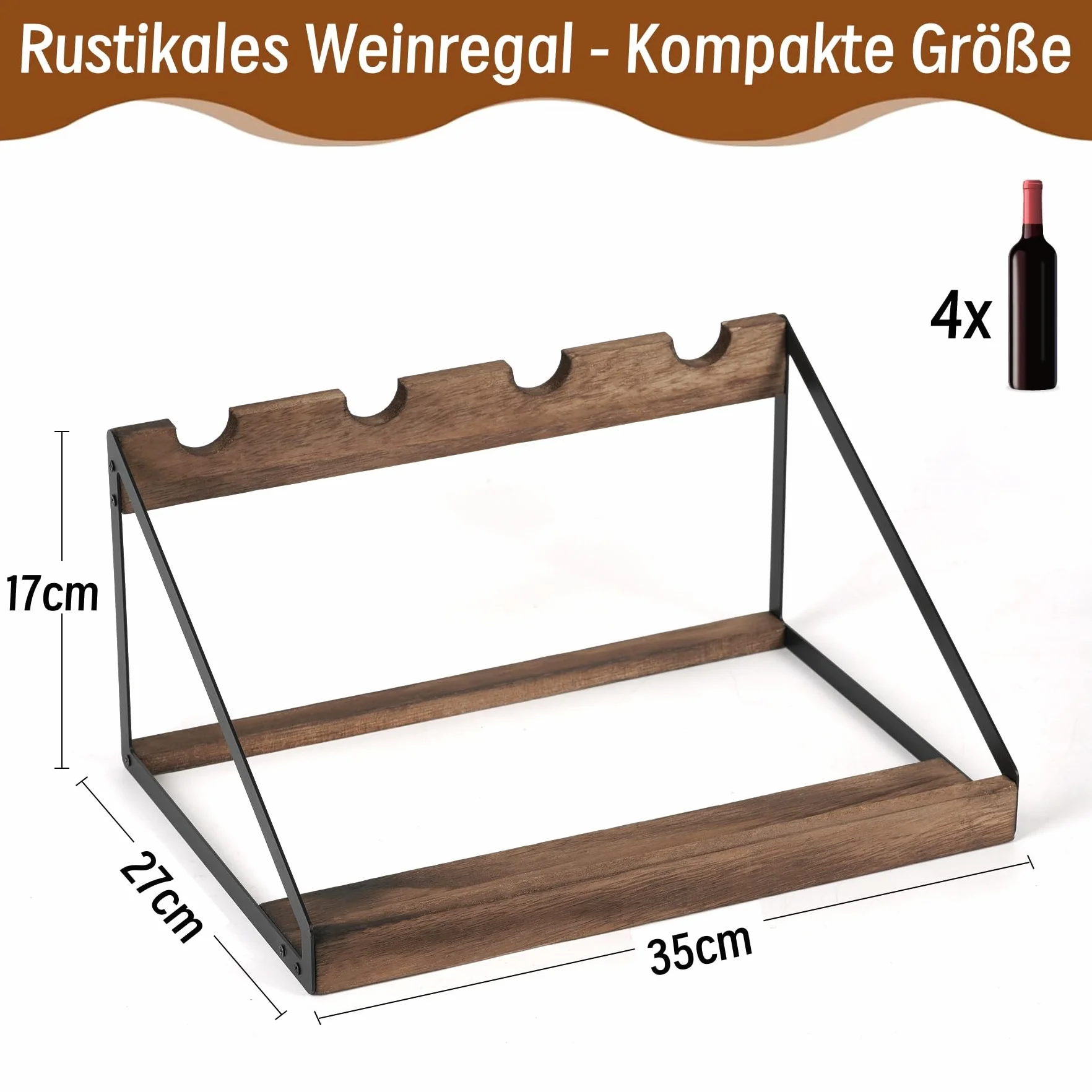 Drewniany stojak na 4 butelki, rusticzny, do kuchni i salonu, 35 x 27 x 17 cm