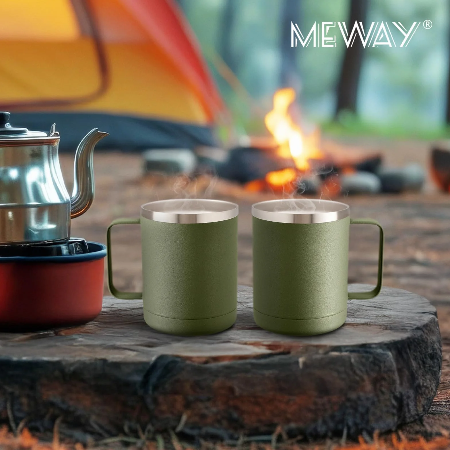 MEWAY Kubek do kawy 350 ml z uchwytem, 4 sztuki, izolowane kubki podróżne ze stali nierdzewnej z przesuwaną pokrywką, próżniowy kubek kempingowy z podwójną ścianką do gorących i zimnych napojów herbaty (wojskowa zieleń, zestaw 4 szt.)