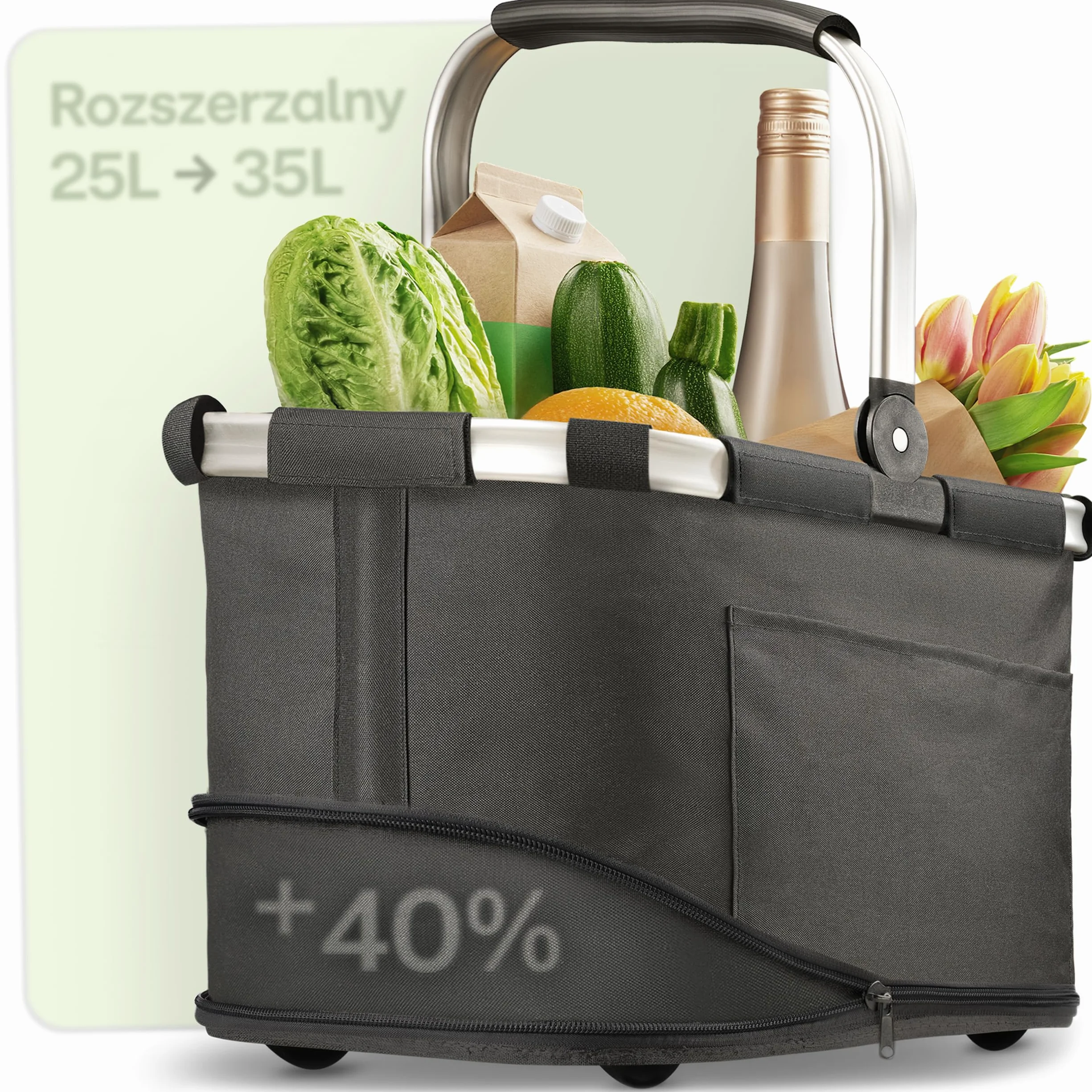 Praknu Składany Kosz na Zakupy Duży – 2 w 1 Rozszerzany z 25L do 35L – Zmywalna Tkanina – Stabilny dzięki Aluminiowej Ramie i Wzmocnionemu Dnu – Dodatkowe Kieszenie wewnątrz i na zewnątrz – Czarny