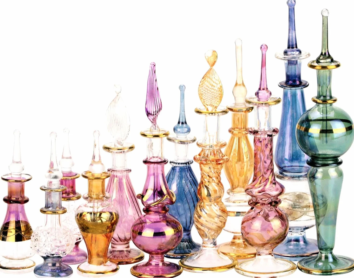 NileCart Egipskie butelki na perfumy, 5-12,5 cm, zestaw 6 dmuchanych ustami, dekoracyjne szkło z ręcznie wykonanymi złotymi egipskimi dekoracjami do perfum i olejków eterycznych