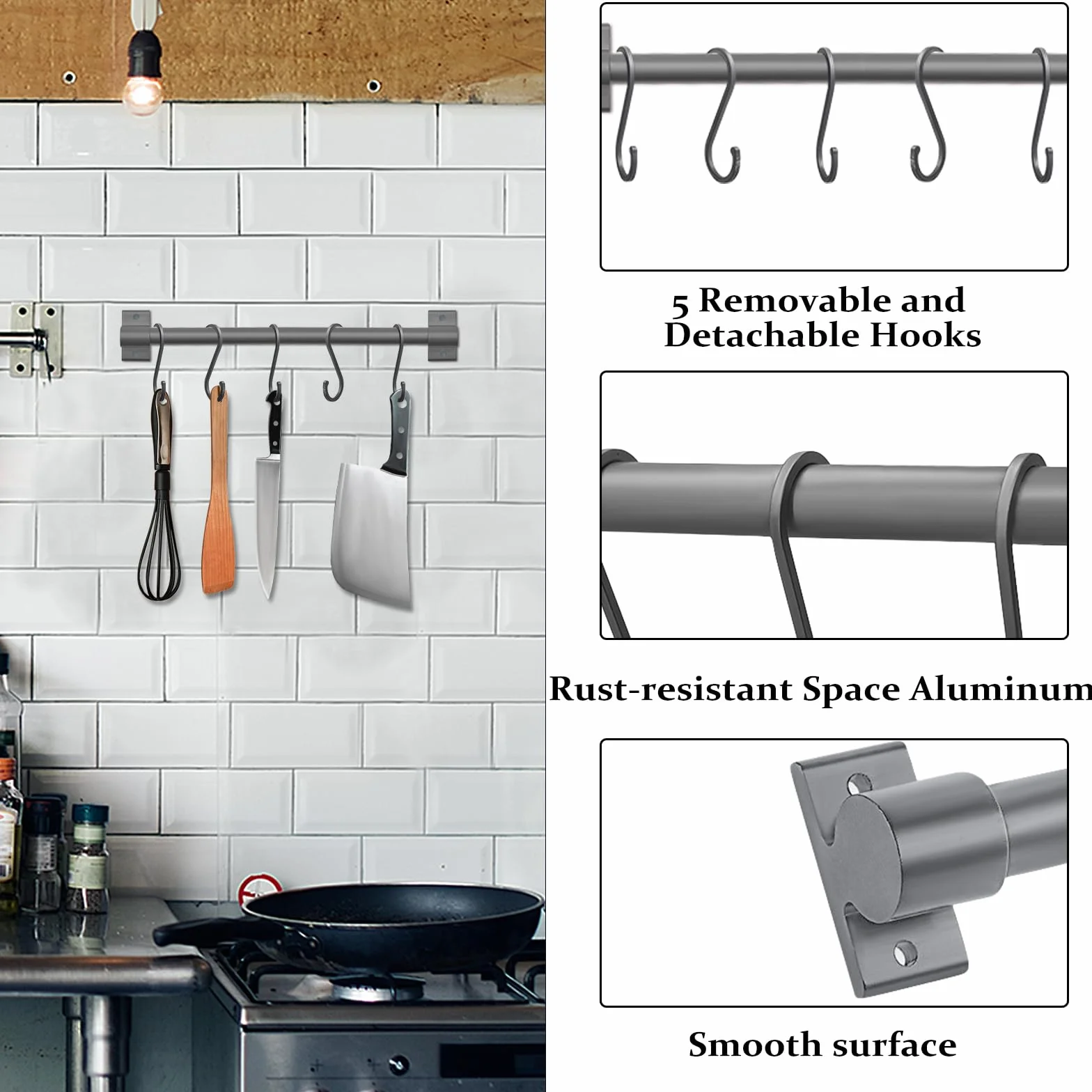 FuninCrea Listwa z haczykami kuchennymi, 30 cm, aluminiowy reling kuchenny z 5 ruchomymi haczykami, mocowanie ścienne drążek do przyborów kuchennych, organizer uniwersalny drążek wiszący na łyżkę