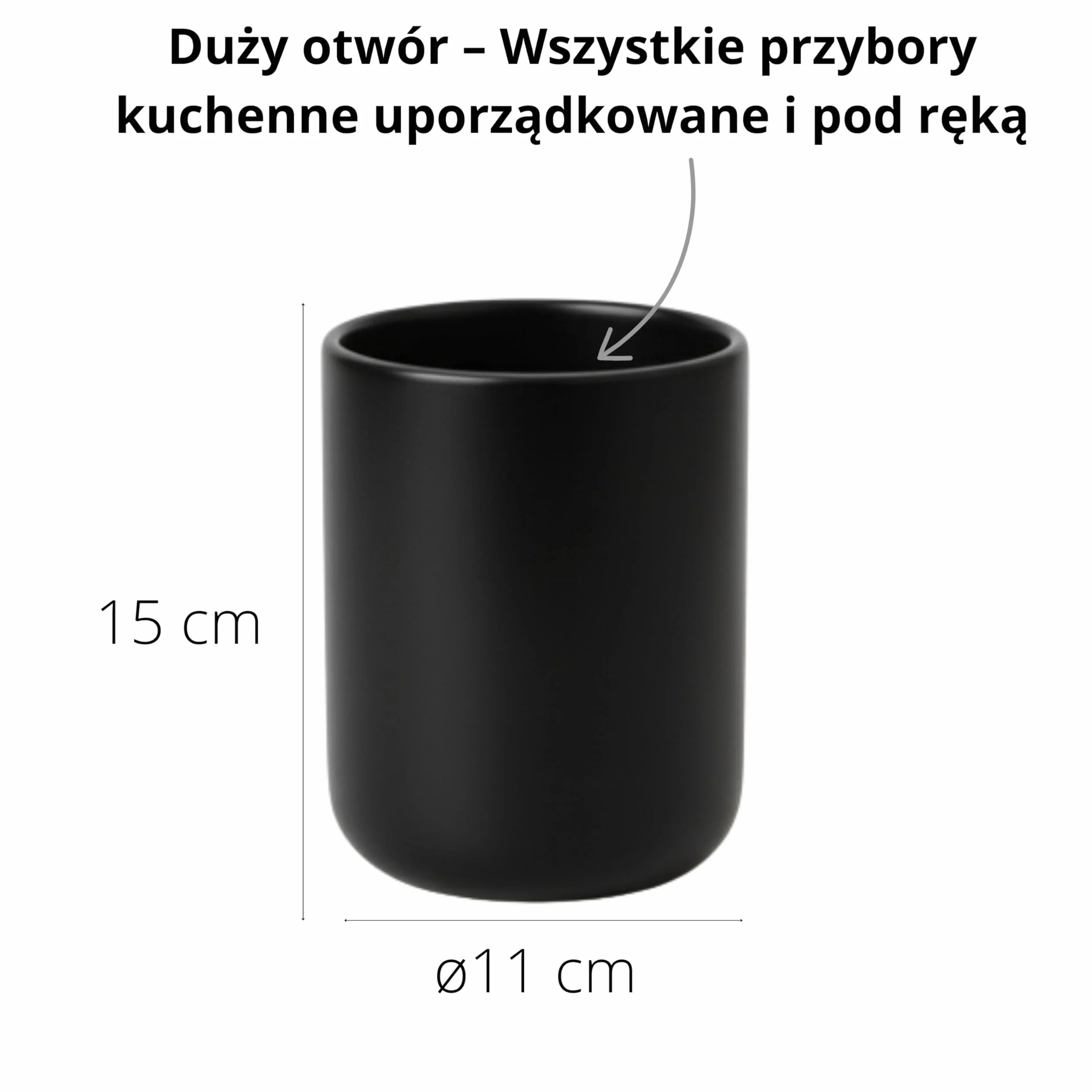 Uchwyt na przybory ceramiczne Curve - duży i stabilny pojemnik na przybory kuchenne. Przechowywanie łyżek kuchennych, łopatek do patelni i akcesoriów. 11 x 15 cm - czarny matowy