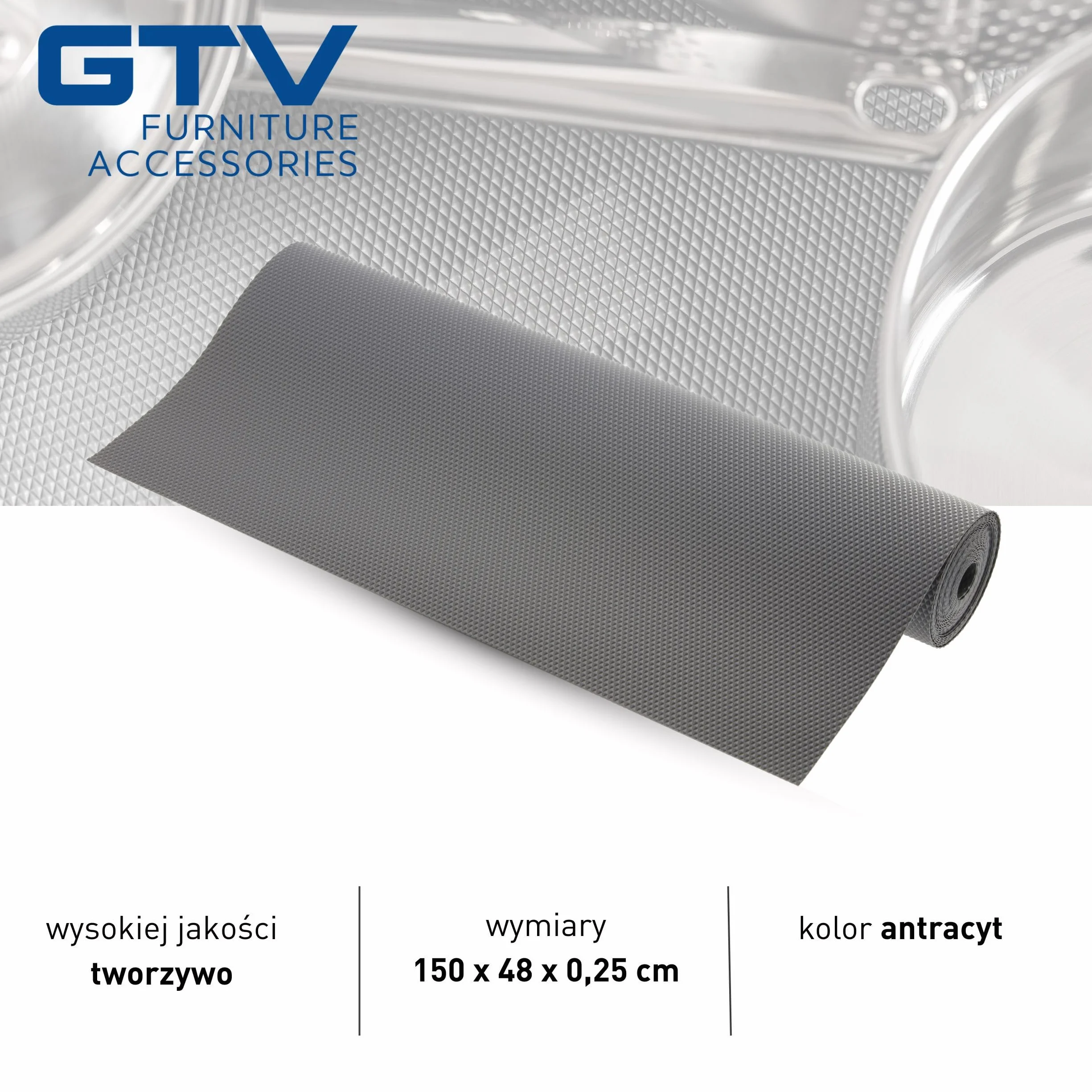 GTV - 1 rolka 48 cm x 150 cm mata antypoślizgowa do szuflad, do szafek kuchennych, mata antypoślizgowa, z tworzywa sztucznego, wkładka do szuflady, mata do lodówki, kolor antracytowy
