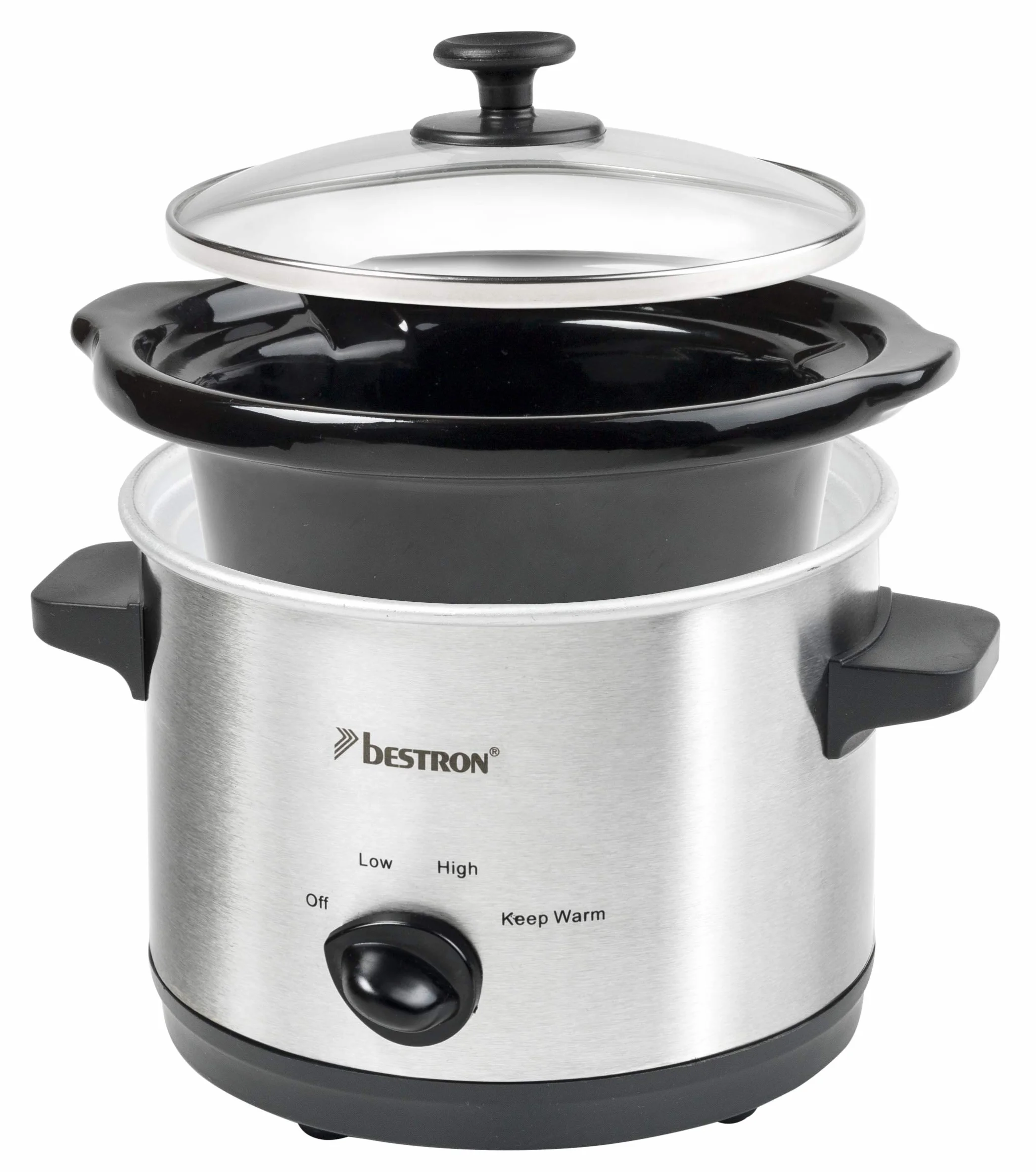Bestron Slowcooker 1,5 L dla 2 osób, wolnowar z ceramiczną patelnią i szklaną pokrywką, 3-stopniowy termostat, srebrny