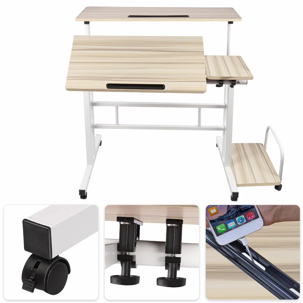 Biurko komputerowe z regulacją wysokości Stół na laptopa z kółkami, mobilny stół biurkowy na komputer stacjonarny stolik na laptopa, 102 x 60 x 67-115 cm, biały klon