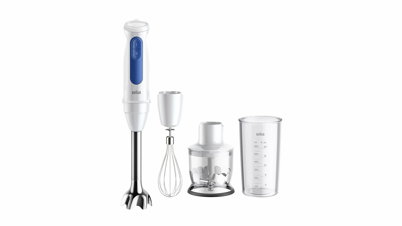 Braun Blender ręczny MultiQuick 3 MQ30202M, technologia PowerBell VPlus, 2 prędkości, system EasyClick Plus, 3-częściowy zestaw akcesoriów (rozdrabniacz 350 ml, kubek 600 ml, trzepaczka), 900 W, biały