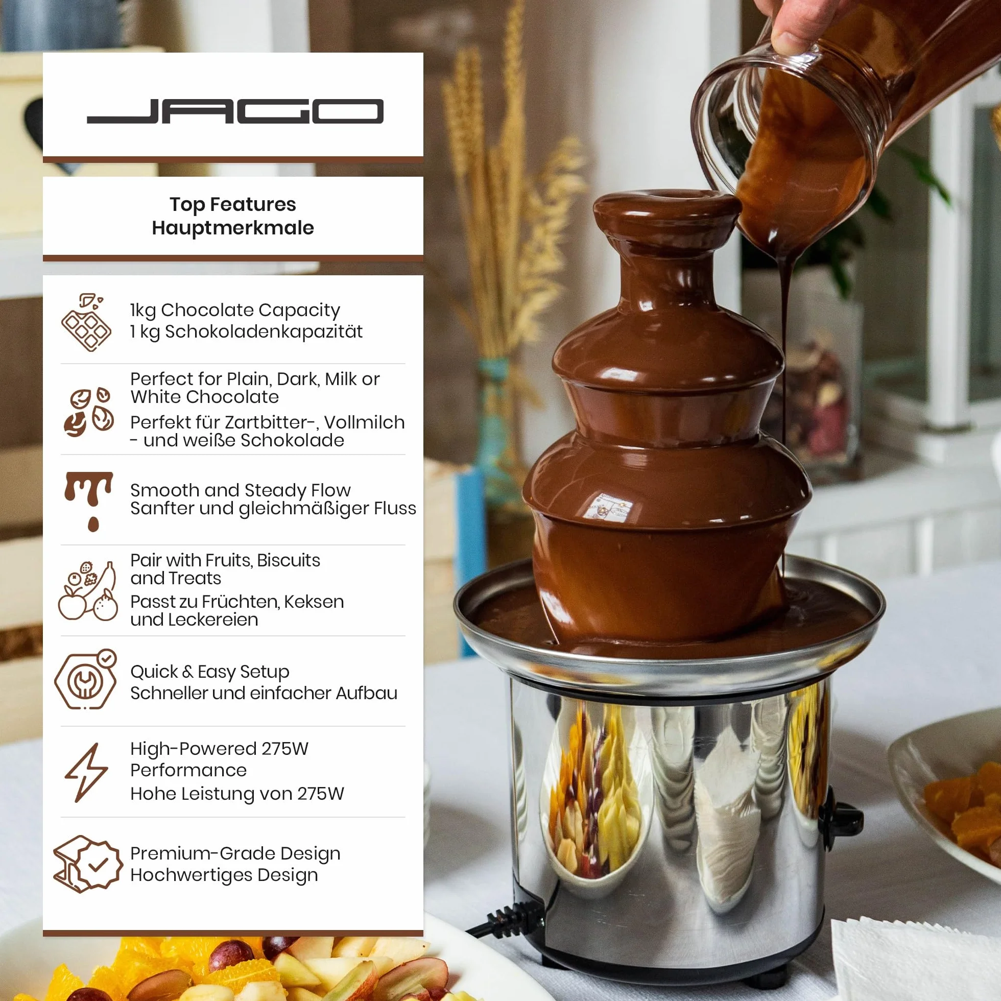 Jago® Fontanna czekoladowa 275 W – 3 poziomy, 1 kg, stal nierdzewna, zmywarka, srebrna – fondue, czekoladowe fondue
