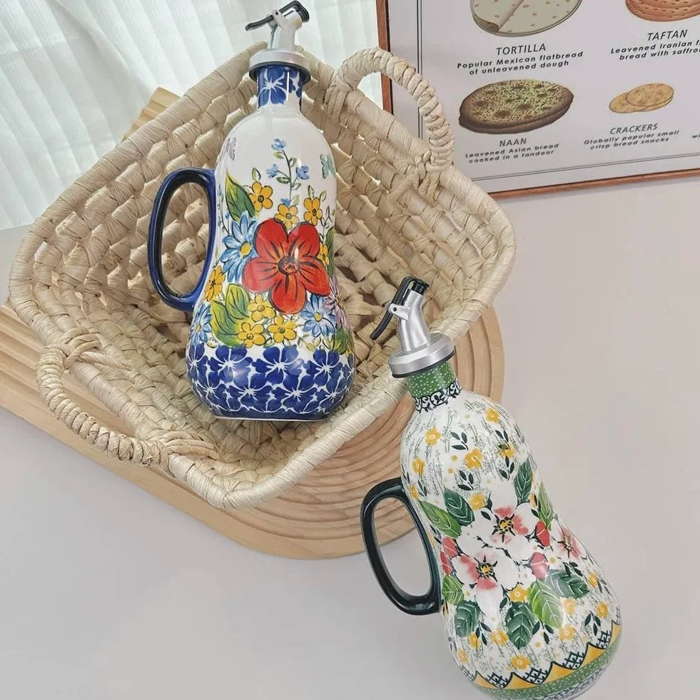 Ceramiczna butelka z dozownikiem oliwy z oliwek, 700 ml, ręcznie malowana, kamionka, z wylewką ze stali nierdzewnej, na olej i ocet, dekoracyjny nalewacz do oleju kuchennego