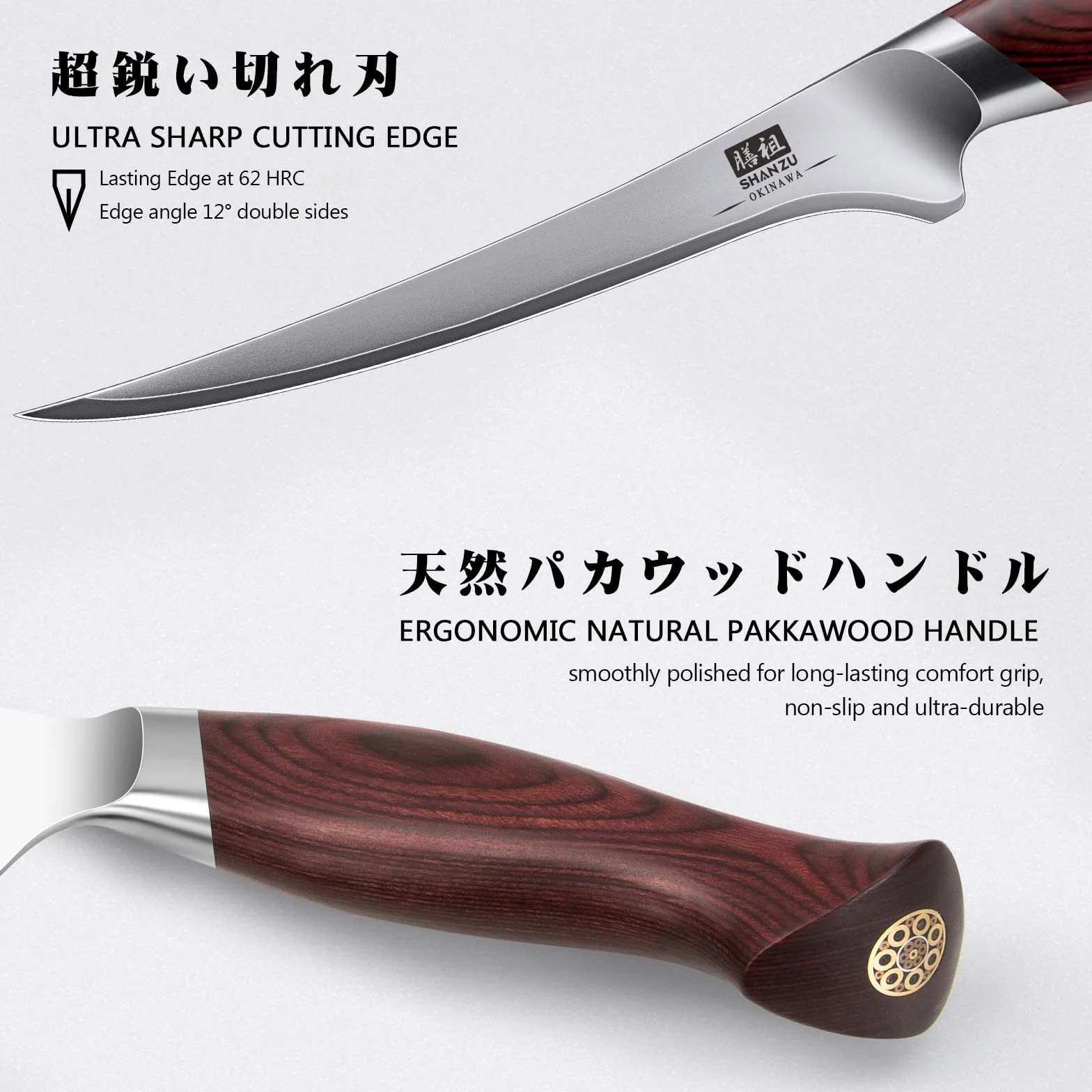 SHAN ZU Filetiermesser 18 cm, Scharfes Ausbeinmesser für Fleisch, Japanischem 10Cr15Mov-Superhartstahl, Profi Küchen-Fischmesser mit Flexibler Klinge und Ergonomischem Pakkaholzgriff- OKINAWA Series