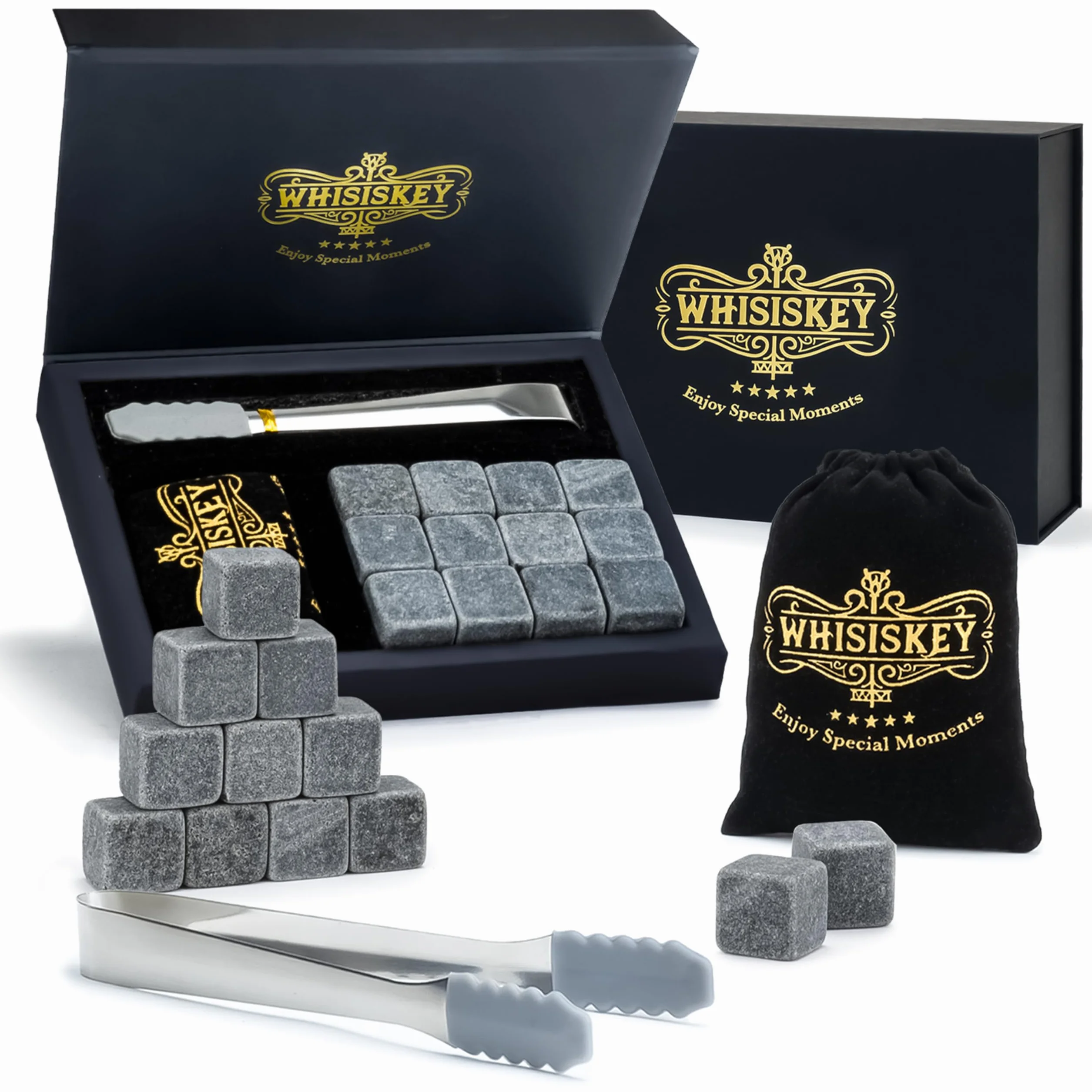 WHISISKEY Zestaw Kamienie do Whisky - 12 Kamieni do Whiskey - Prezenty dla Mężczyzn - Akcesoria do Whisky - Wielokrotnego Użytku Kostki Lodu - Pomysły na Prezent dla Mężczyzny
