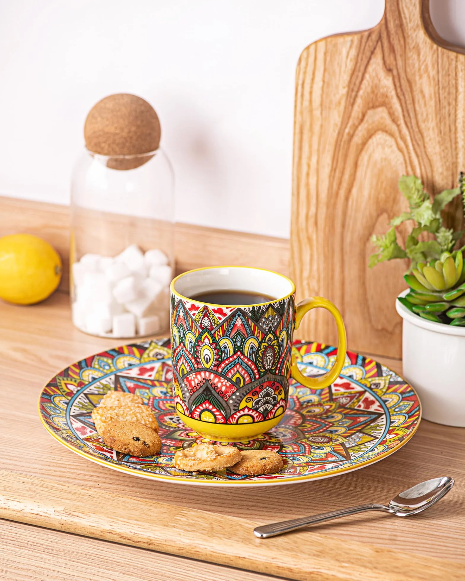 Zestaw 6 filiżanek do kawy, z uchwytem, 410 ml, porcelanowe filiżanki do herbaty, kawy, mleka, cappuccino, kolorowe, 6 sztuk w opakowaniu - styl boho
