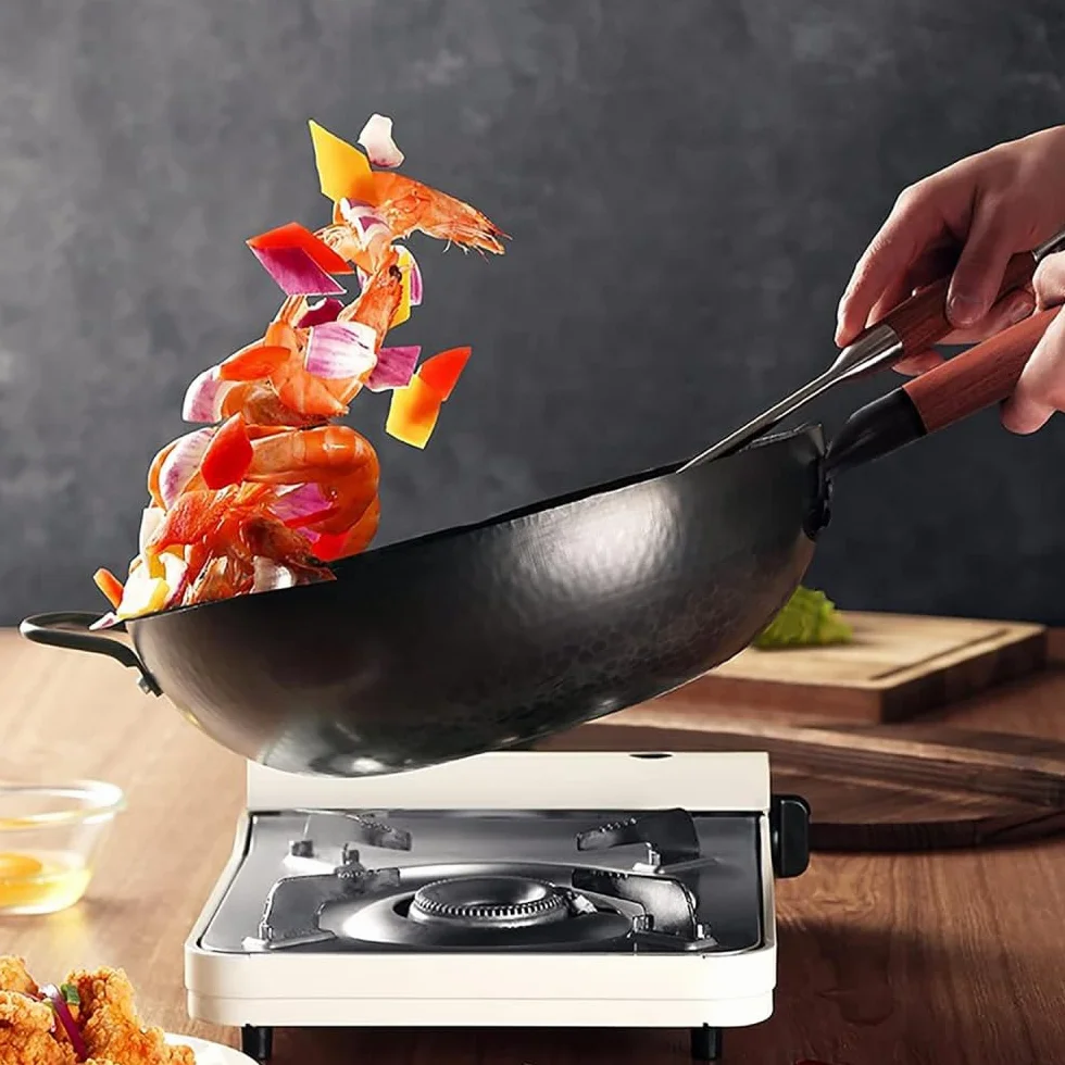 Wok żeliwny, Z Głębokim Dnem Z Powłoką Nieprzywierającą, Odpowiedni Do Kuchenek Indukcyjnych, Z Pokrywką I Koszykiem Do Gotowania Na Parze (34cm)