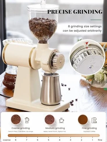 8 ustawień Burr Coffee Grinder, 250G Automatic Electric Mill z precyzyjną kontrolą szlifierki, Cicha kruszarka do kawy i parzenia, kompaktowe urządzenie kuchenne na blacie