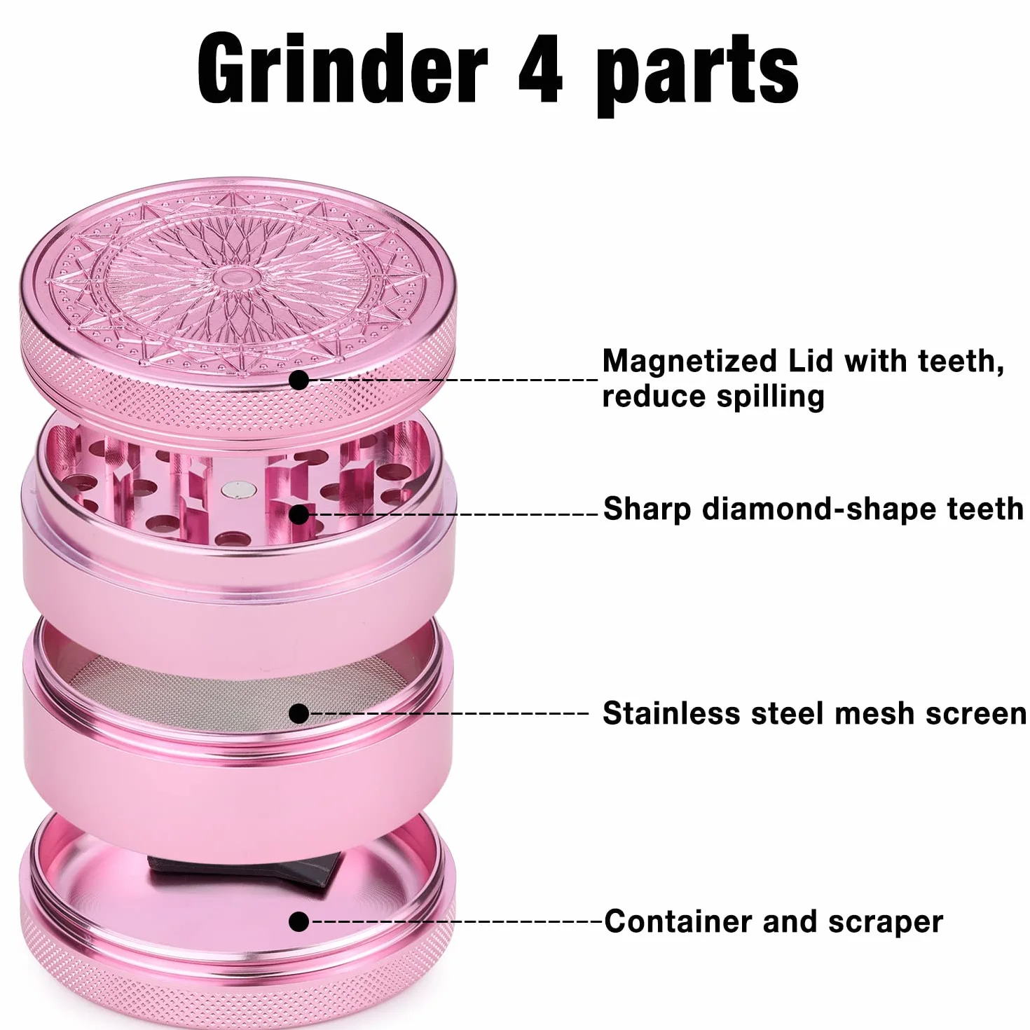 Herb Grinder, aluminiowy młynek premium 2,5 cala (63mm) z wytłoczonym kwiatem, 4-częściowy, duży młynek ze skrobakiem do pyłków (różowy)