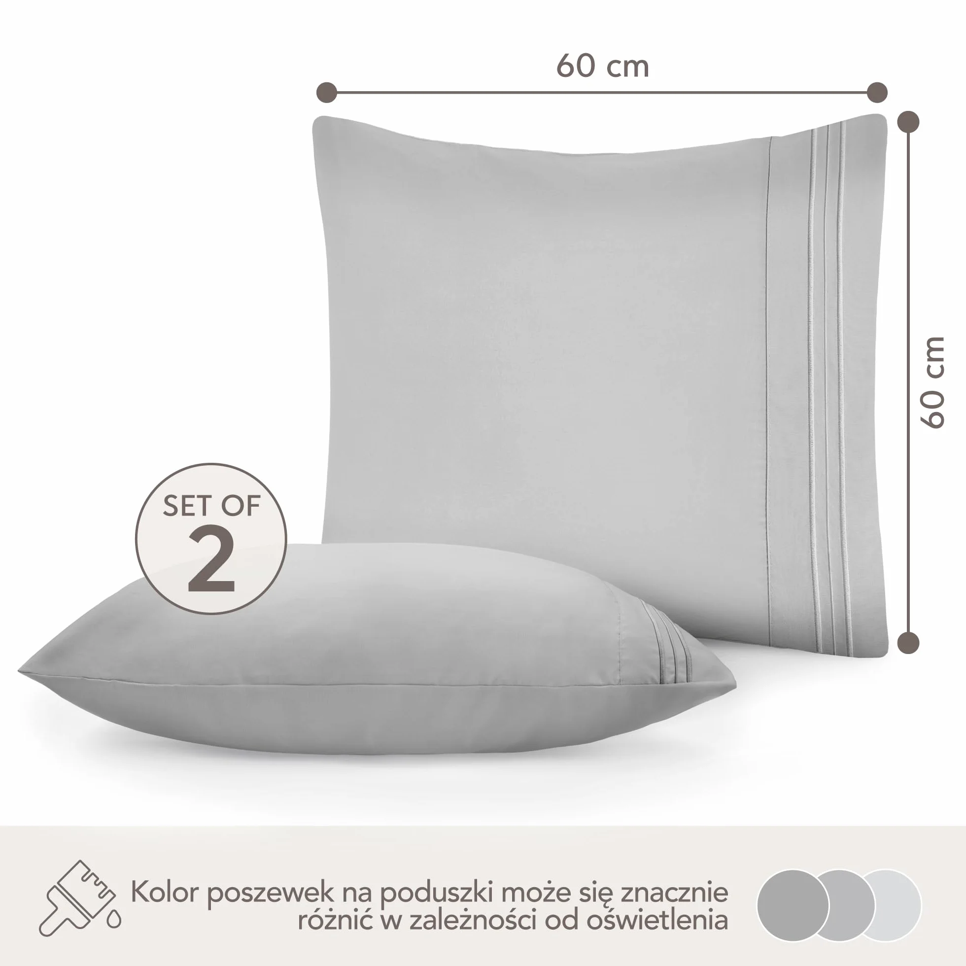 Dreamzie Poszewki na poduszki 60x60 Zestaw 2 sztuk ze szczotkowanej mikrofibry Oeko-Tex Szara