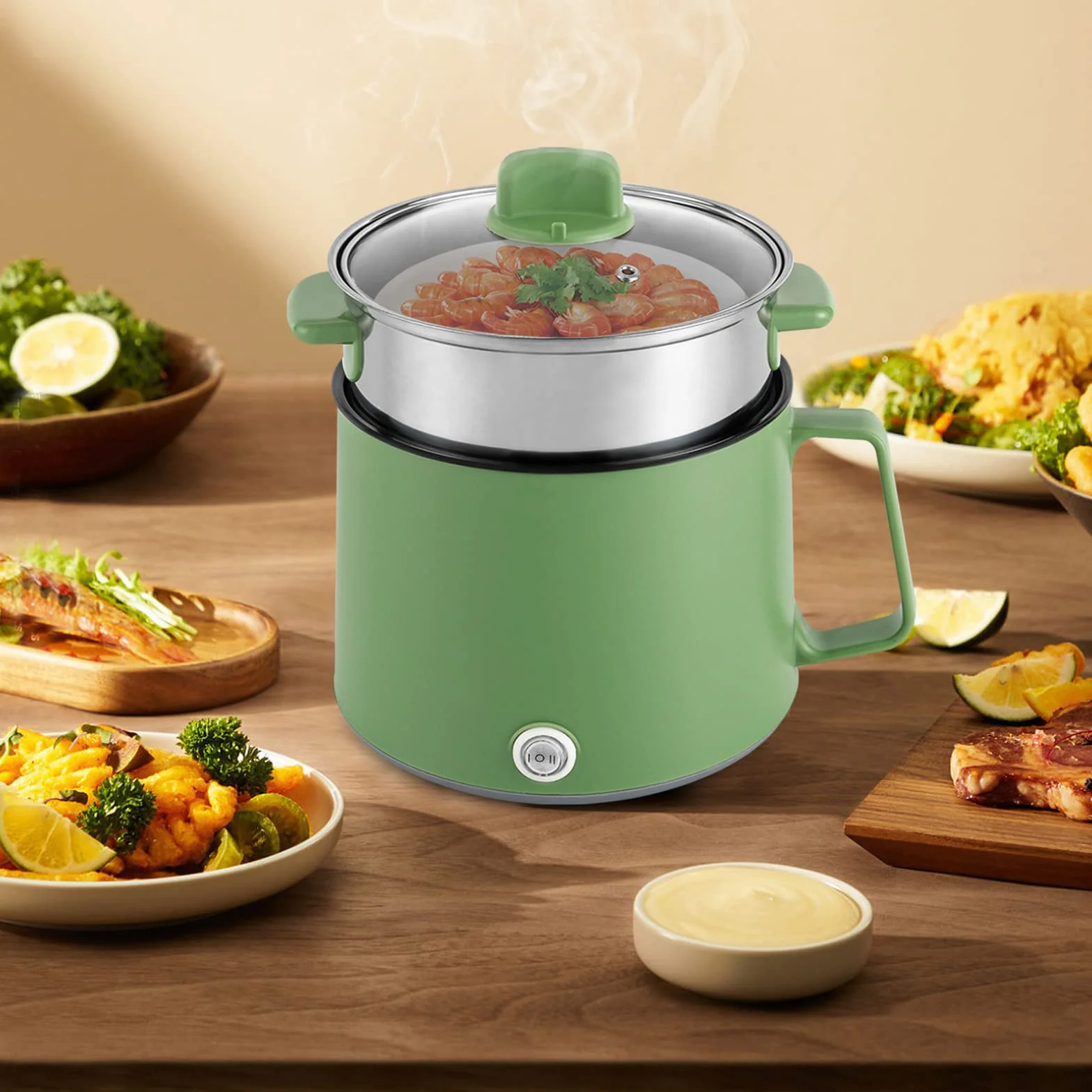 Elektryczny garnek Hot Pot 1,7 l, wielofunkcyjny, elektryczny garnek do gotowania z funkcją utrzymania ciepła, przenośny, szybki garnek do zupy, nieprzywierający, do domu, biura, zielony