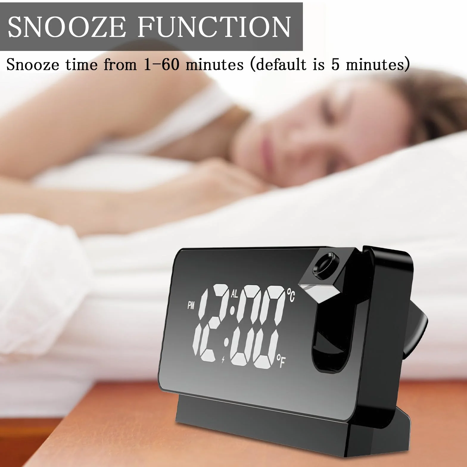 TNSLAND Budzik z projektorem, z projekcją 180°, cyfrowy zegar LED, podwójny gong, temperatura, złącze USB, funkcja ładowania, zegar projekcyjny do domu, biura (czarny)