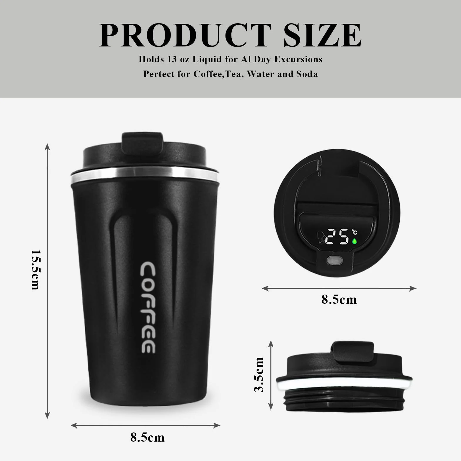 Kubek do kawy na wynos, cyfrowy kubek termiczny z wyświetlaczem LED, 380 ml, podwójna ścianka, izolowana, z szczelną pokrywką, kubek do kawy, kubek do kawy ze stali nierdzewnej, kubek podróżny