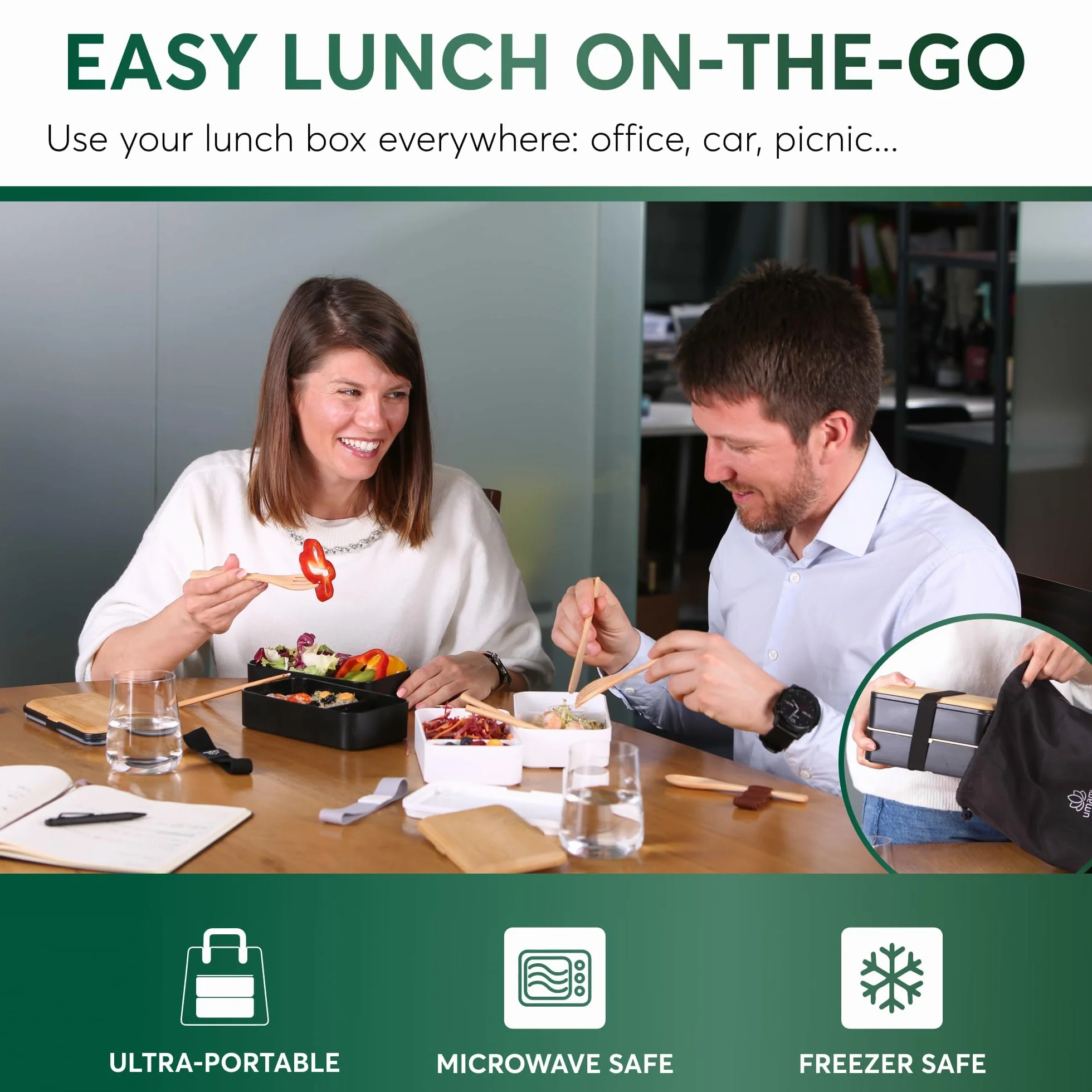 Umami Bento Pudełko na Lunch, 2 Garnki na Sos & Sztućce w Zestawie, Bezpieczne Do MIkrofali, Pudełko na Lunch Dla Dorosłych, Pudełko na Posiłki z Przegrodami, Bento Box