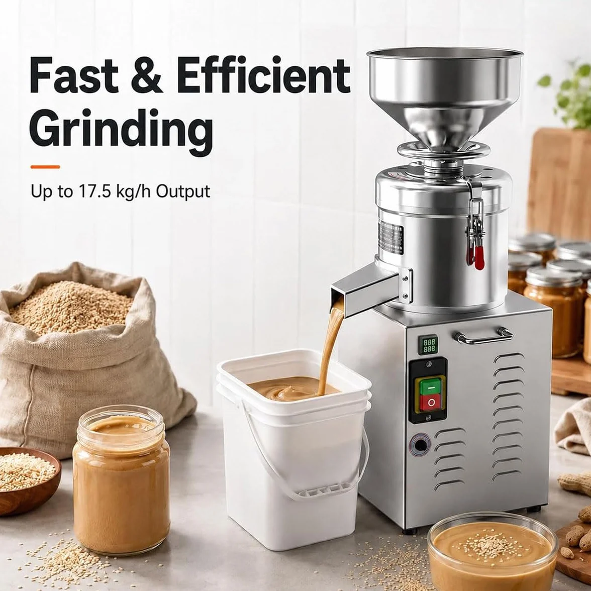 Komercyjny młynek masła orzechowego mocy 1,1kW,17,5kg/h,do sezamu orzechów | Elektryczna maszyna robienia masła sezamowego,regulowana grubość,duży zbiornik 300mm,stal nierdzewna(304 Stainless steel)