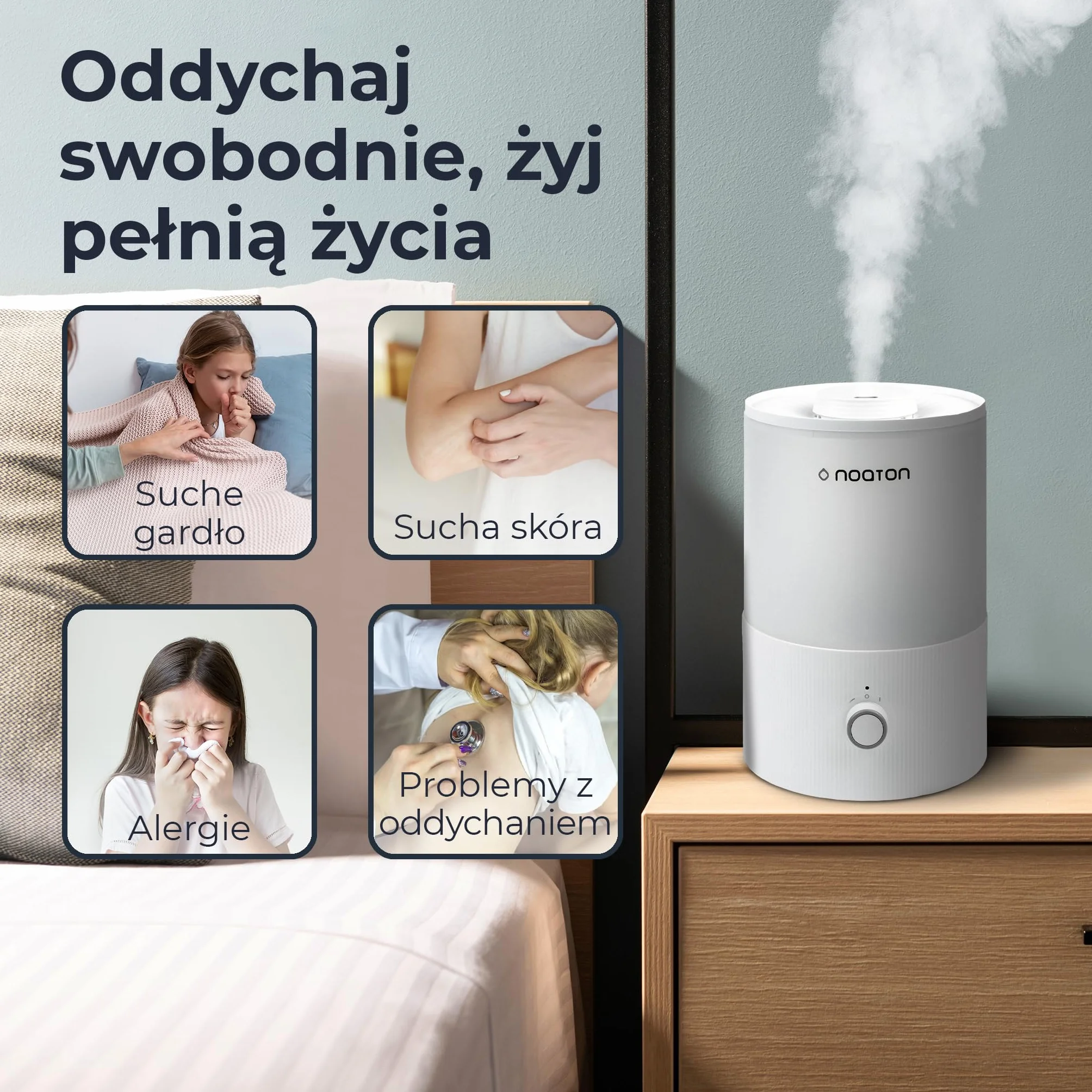 Noaton Essential Nawilżacz Powietrza 3,3L, Napełnianie od Góry, 33h Pracy, Oświetlenie LED