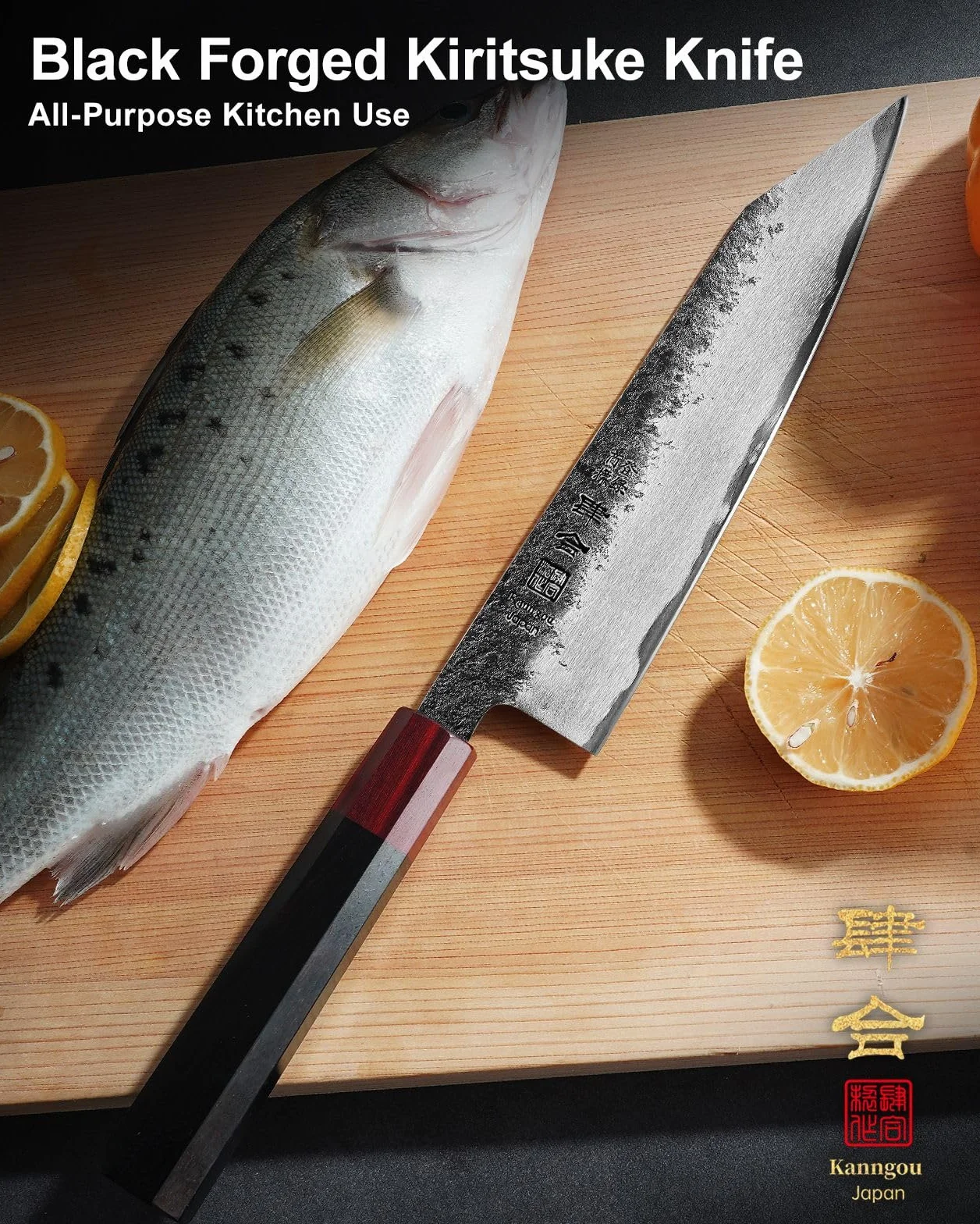 kanngou Japoński nóż szefa kuchni Kiritsuke 21 cm, bardzo ostry nóż kuchenny ze stali AUS-8, z ergonomicznym uchwytem z hebanu i sekwoi oraz pudełkiem prezentowym