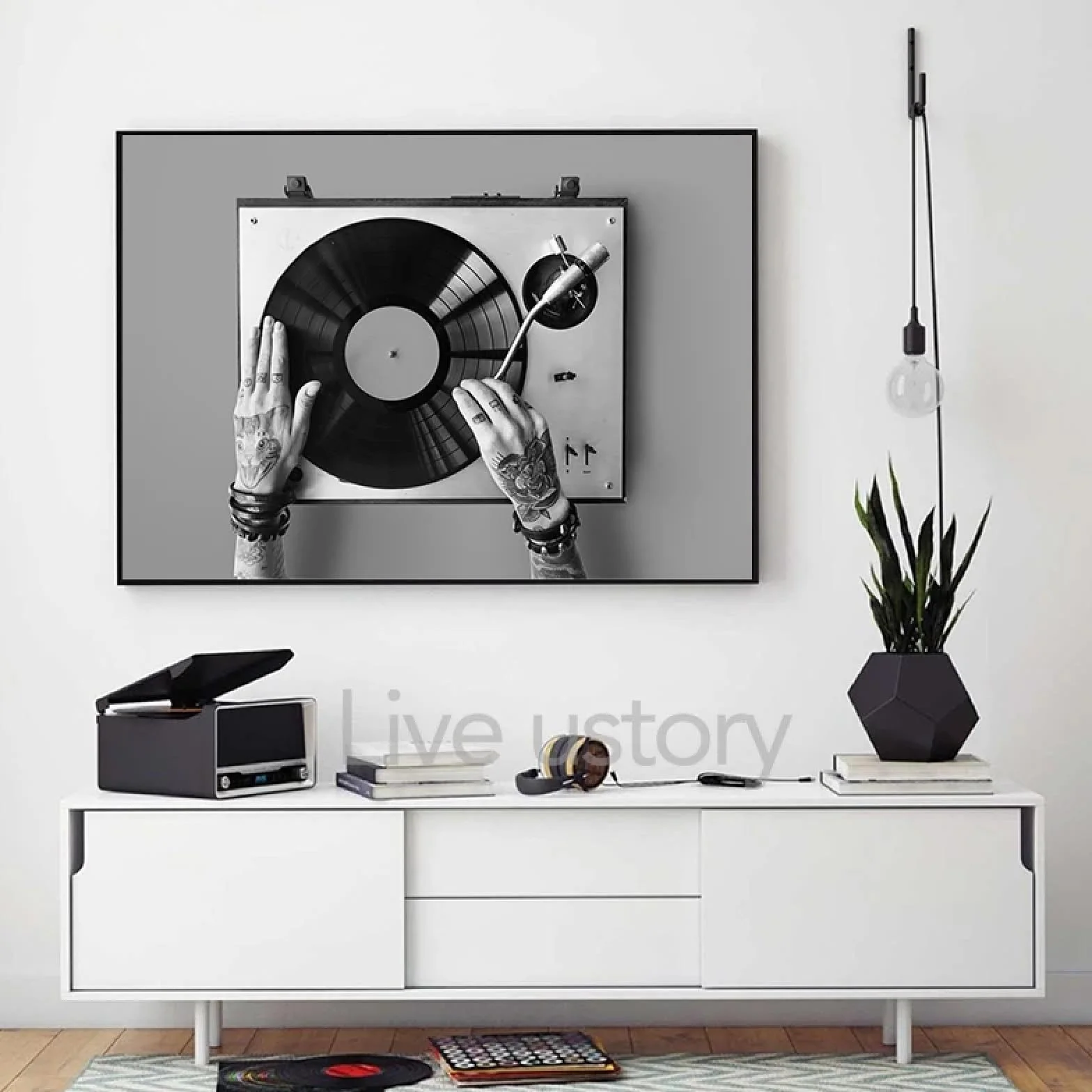 BMGKYAGL Czarno-biała płyta winylowa zdjęcie plakat obraz na płótnie vintage muzyka sztuka ścienna wydruki muzyk studio wystrój 80 x 120 cm bez ramy