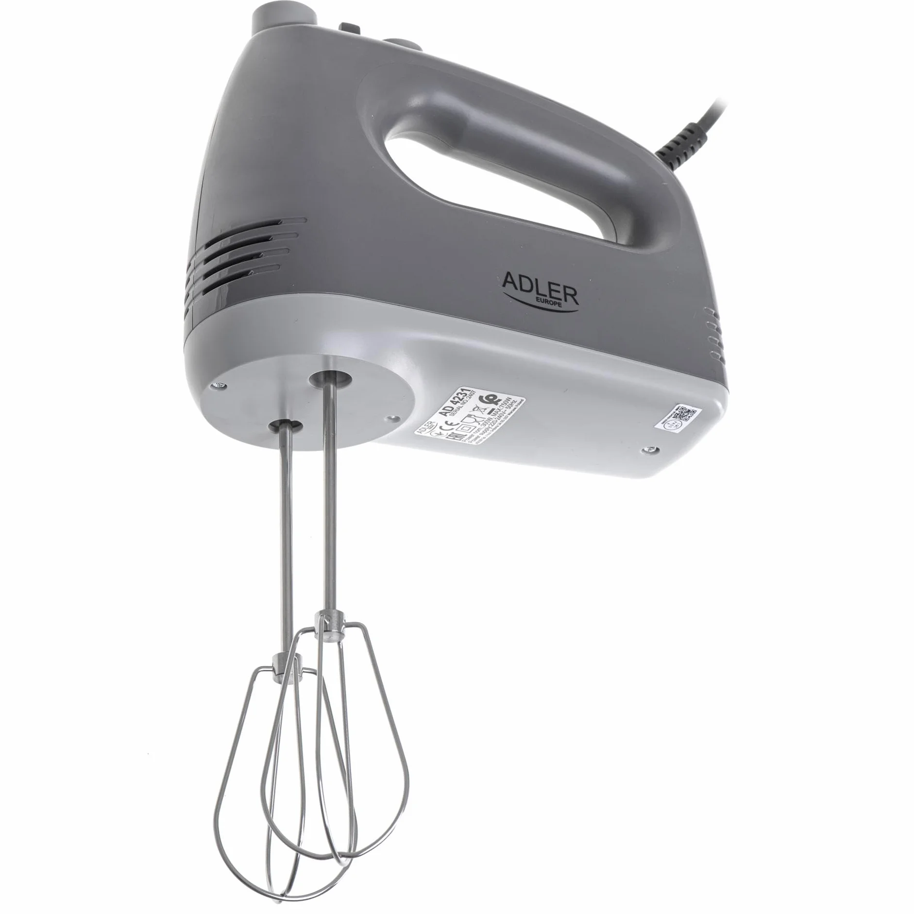 ADLER AD 4231 Mikser Ręczny 750W 5 Prędkości Turbo Końcówki Stal Nierdzewna 21 cm Szary