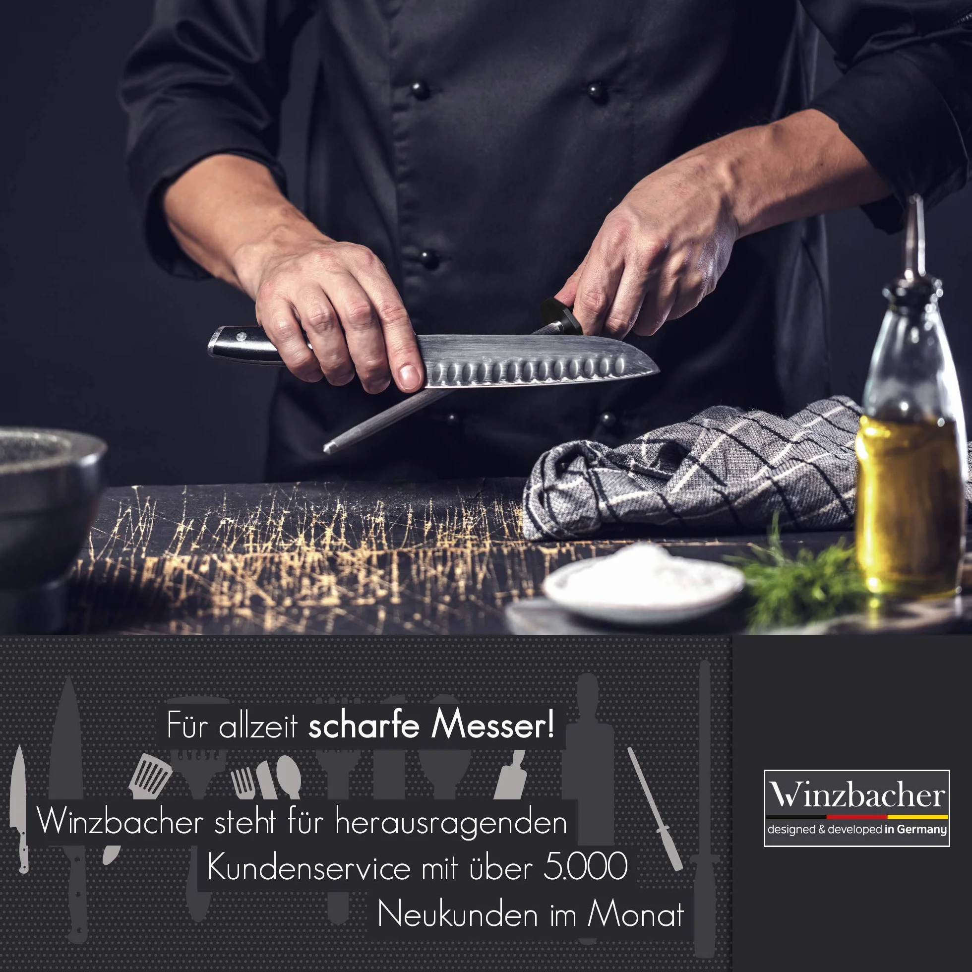 Winzbacher® Oryginalny stalowy nóż do ostrzenia – ze specjalnej hartowanej stali | ostrzałka do noży, ergonomiczny uchwyt Soft-Touch z ochroną palców (Battleship Grey)