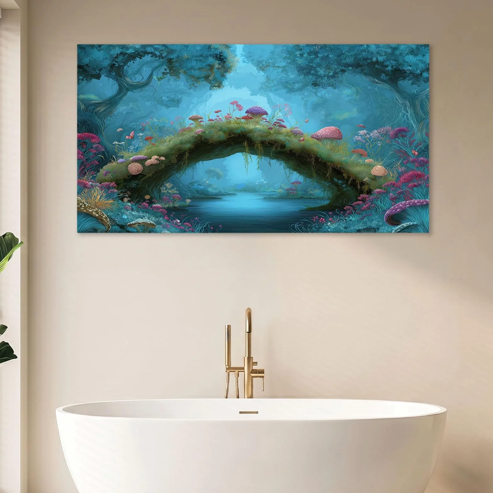 Natura, las na płótnie, oprawiony obraz na płótnie, oprawiony obraz, grafika do salonu, sypialni, przedpokoju, kuchni lub biura, dekoracja, 90 x 60 cm, niebieska dżungla, rośliny, grzyby