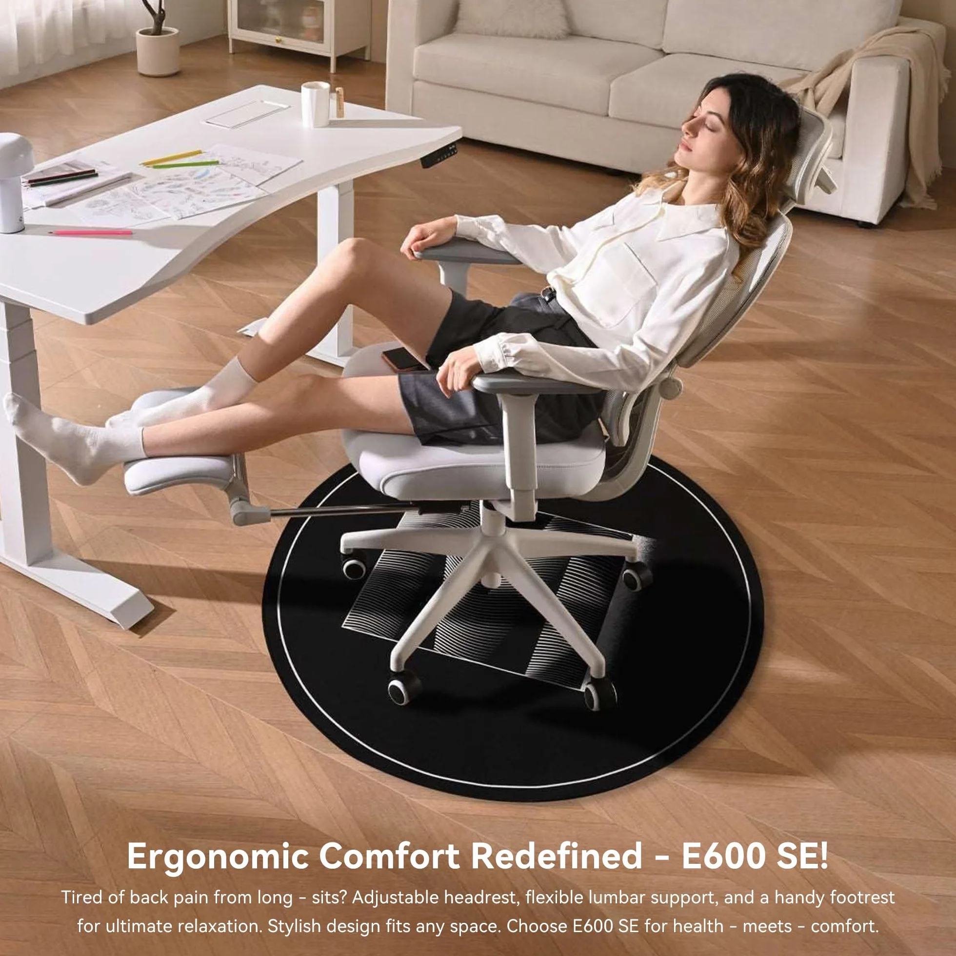MUSSO E600SE Ergonomiczne krzesło biurowe, 3-poziomowe podparcie lędźwiowe, 3D regulowany podłokietnik, zagłówek z podnóżkiem