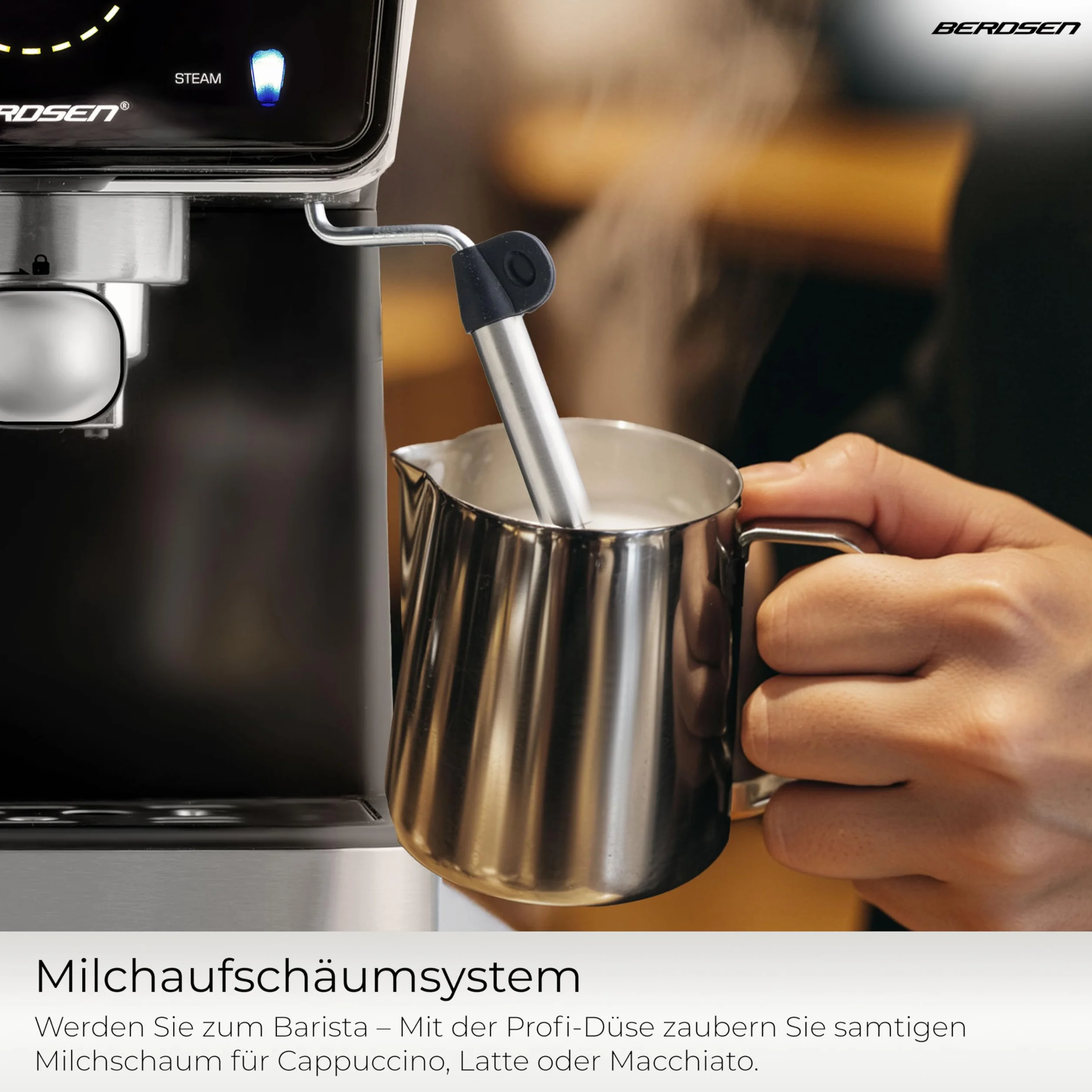 Berdsen Ekspres do Kawy - Kolbowy - 1,5 l 20 bar - Spieniacz do Mleka - 2 Filtry - Cool Espresso - Czarny