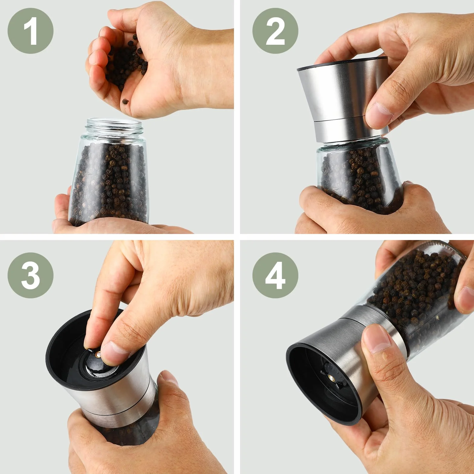 Sale e Pepe, Set di Muliniper Spezie con Macinacaffè in Ceramica Regolabile, Macinapepe Manuale 180 ml in Acciaio