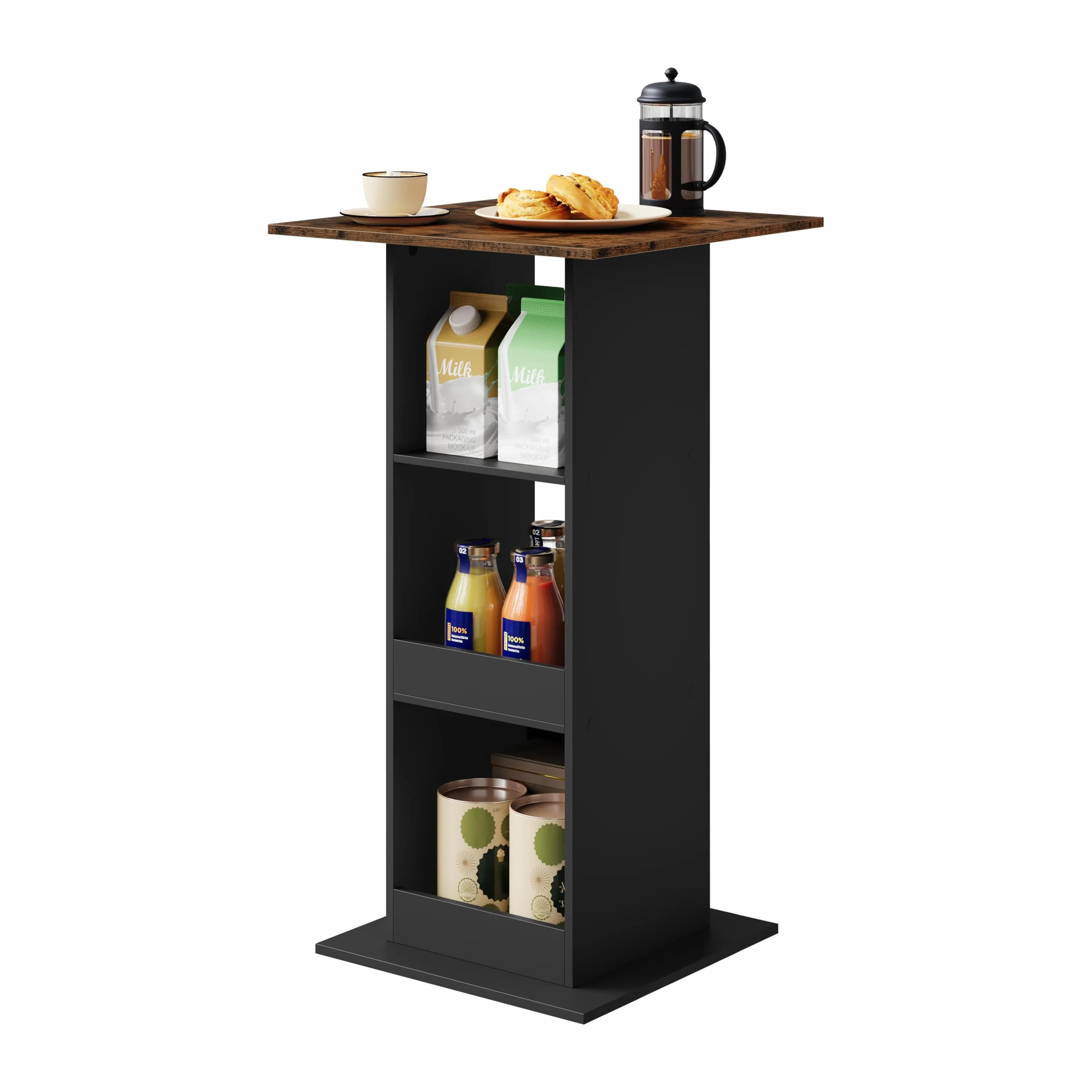 Stolik barowy bistro kwadratowy z 3 półkami wysokość 112 cm czarny rustykalny
